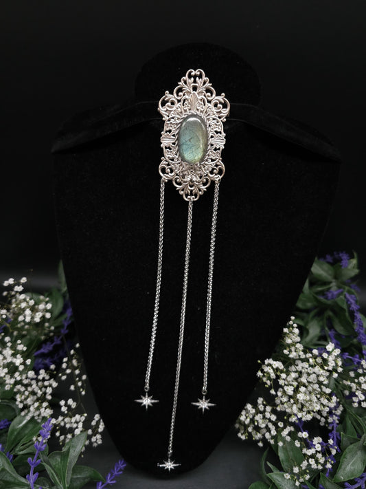 Jugendstil Brosche ~ Seltener Labradorit in Salbei türkis ~ Art Nouveau Accessoire für Schals, Tücher, Mittelalter, Gothic, Fantasy