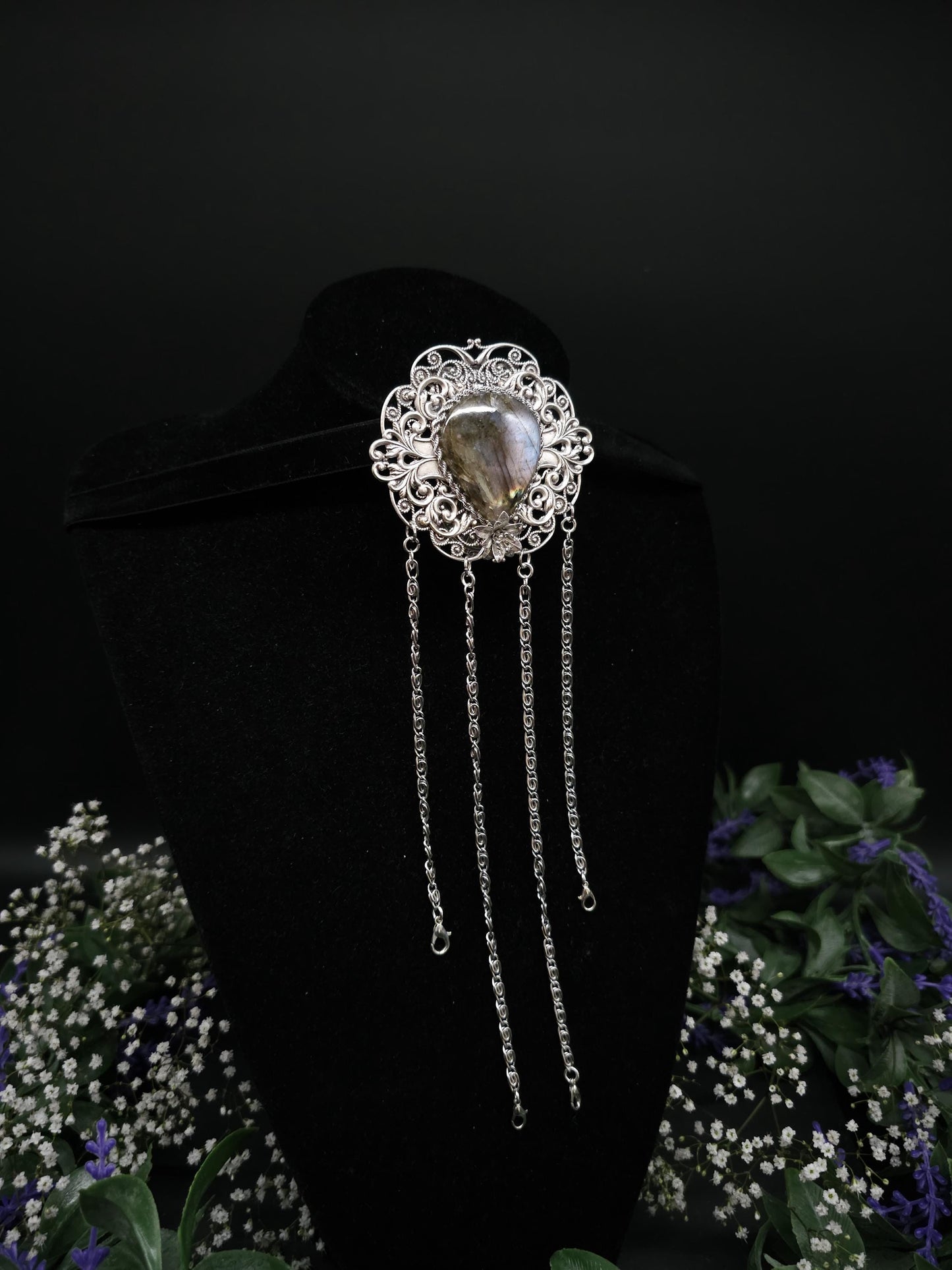 Art Nouveau Chatelaine Clip: Labradorite Stone, Costume Accessory