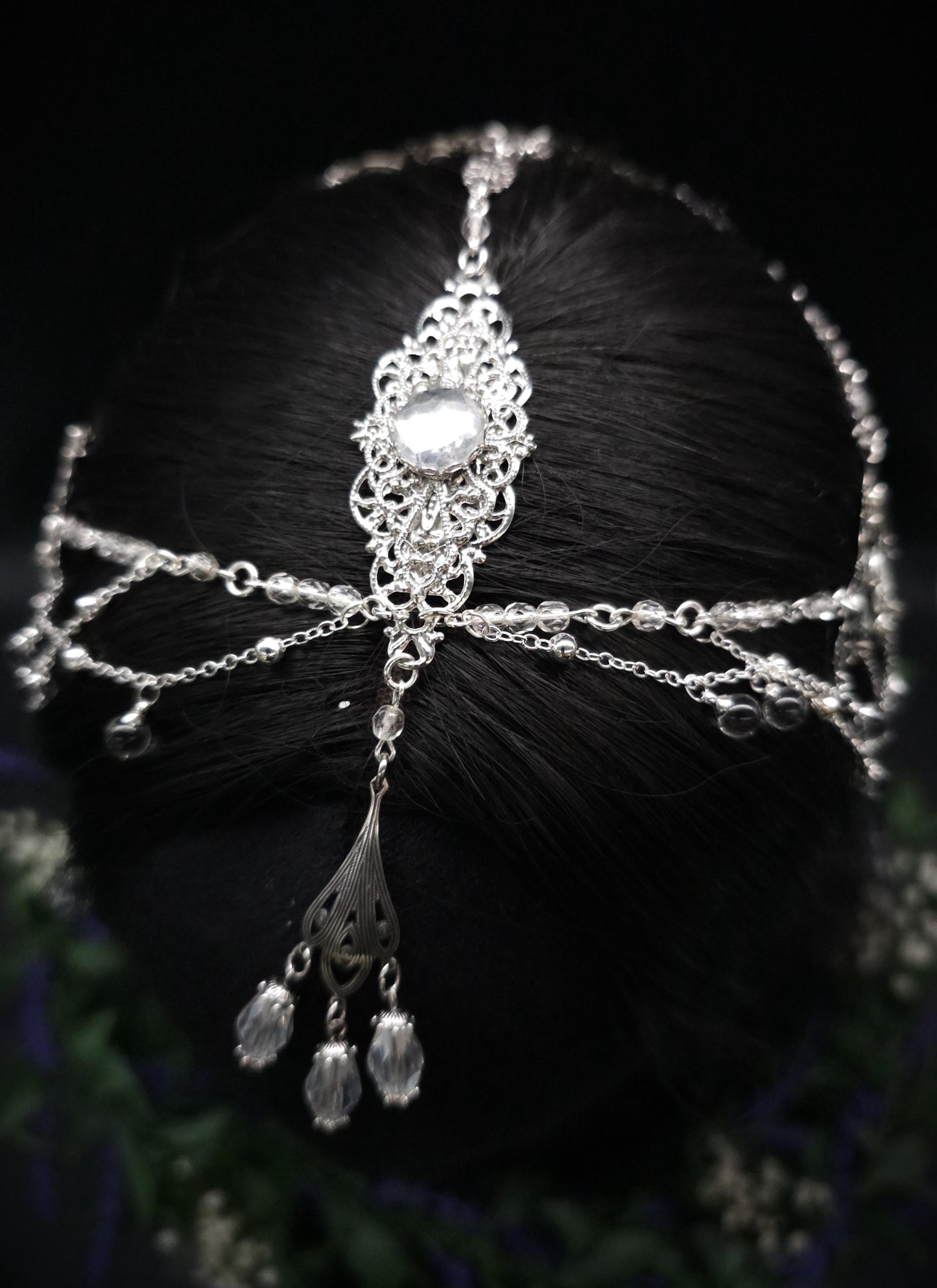 Art Nouveau Kristall Headpiece – Silbernes Ketten Haarteil mit Glasperlen, Rhodium Filigree, Bridal Tiara, Fantasy Elfen Kopfschmuck