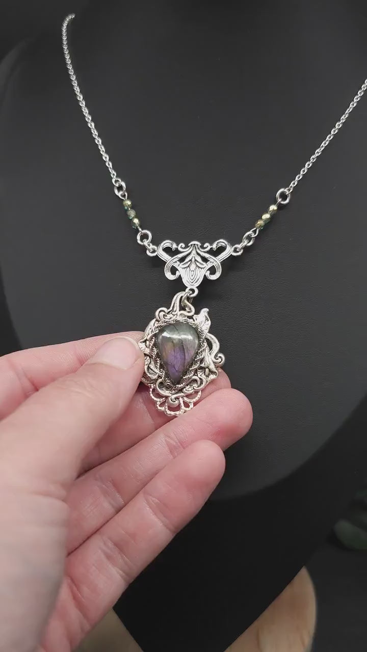 Sterling Silver Art Nouveau Labradorite Necklace: Sage Pearl Collar