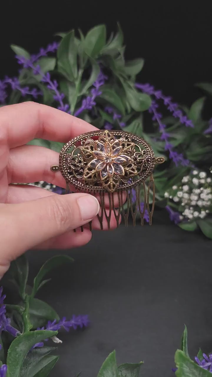 Bronze Hair Comb with Golden Crystal Flower: Filigree Vintage Bridal Hair Jewelry