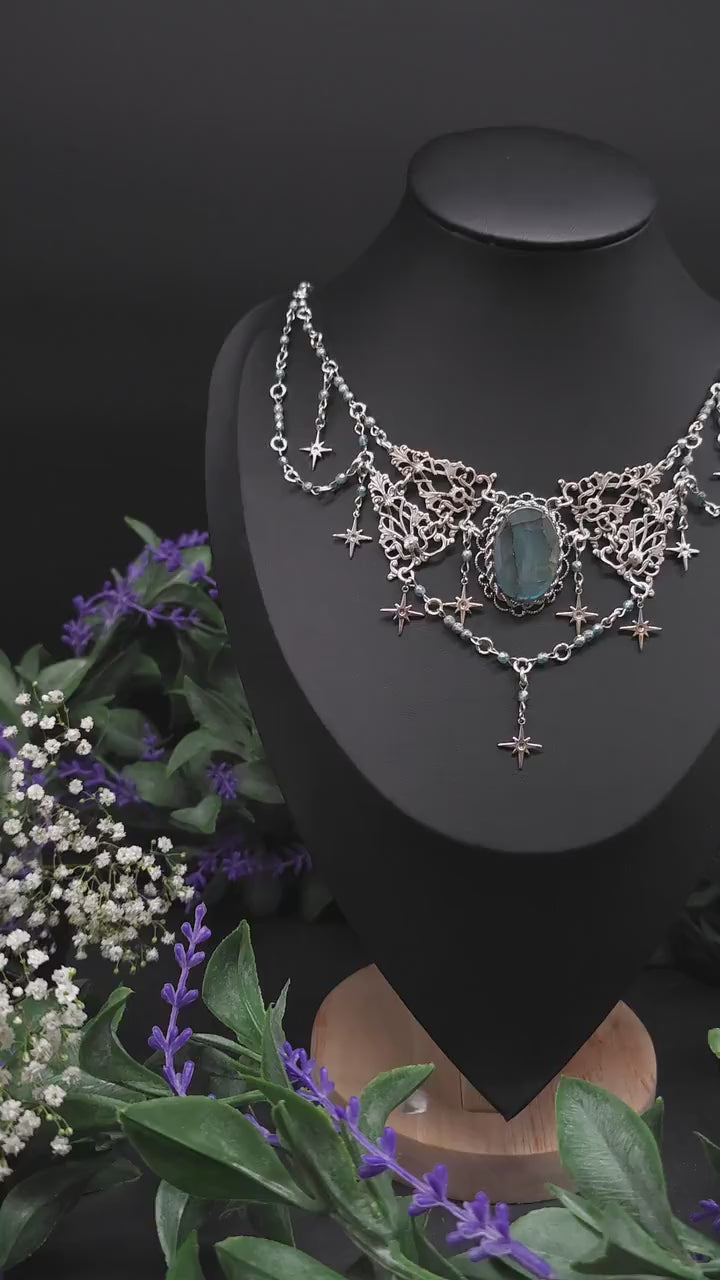Art Nouveau Collier mit türkisblauem Labradorit - Fantasy Halskette - Braut / Hochzeits-Schmuck
