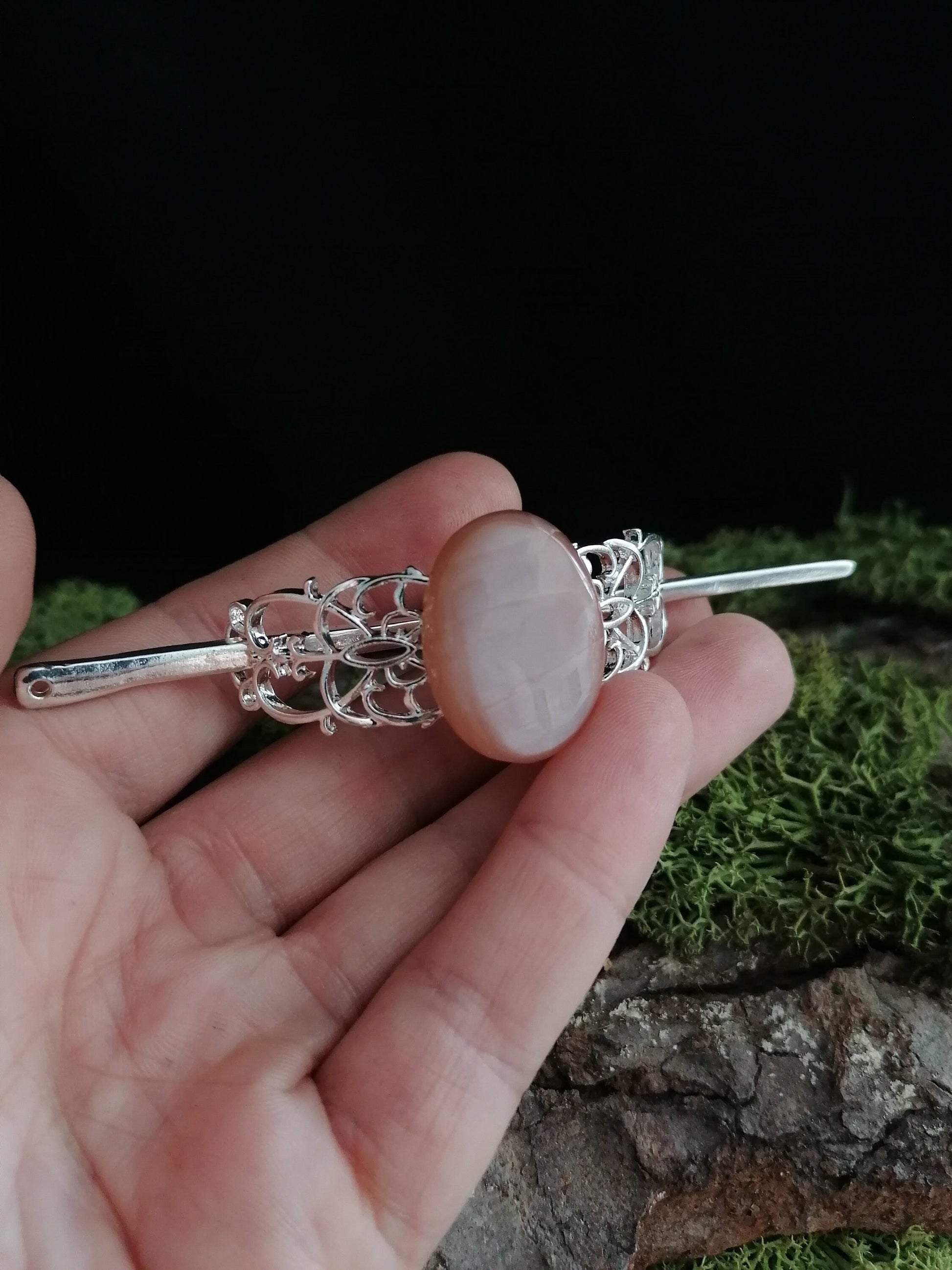 Haarspange mit Pfirsich Mondstein, Haarclip in silber, Elbisches Haar Accessoire