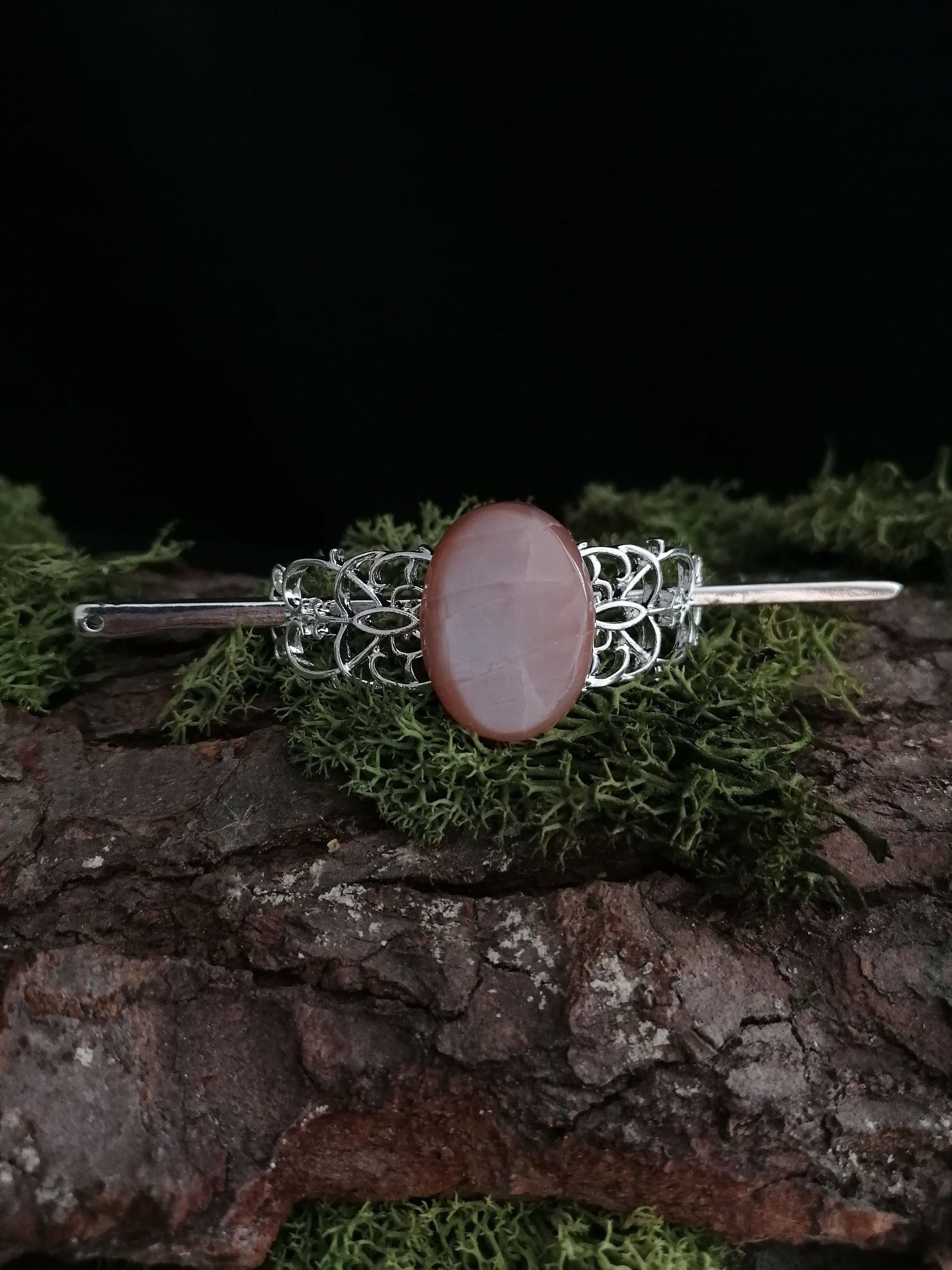 Haarspange mit Pfirsich Mondstein, Haarclip in silber, Elbisches Haar Accessoire