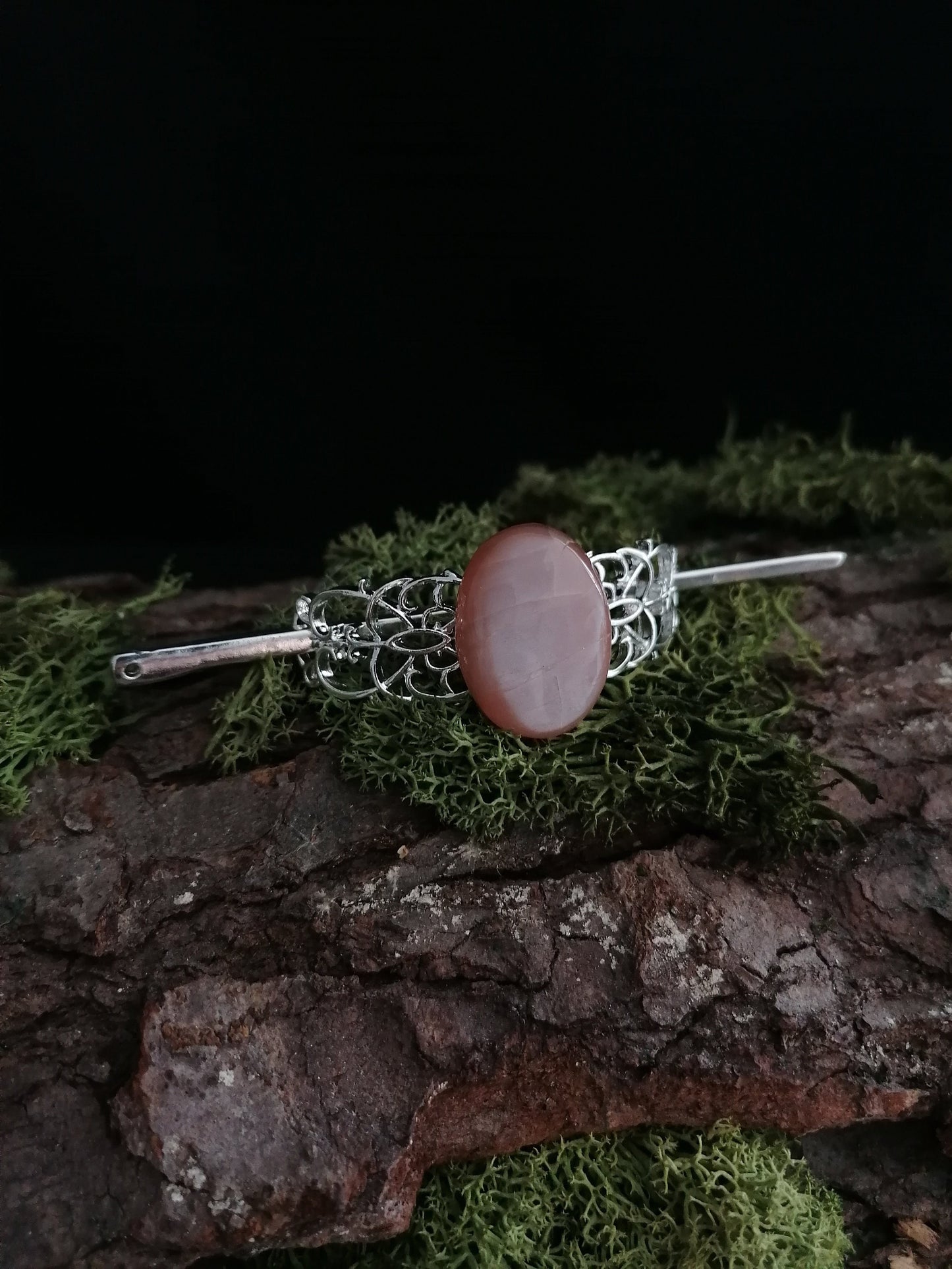 Haarspange mit Pfirsich Mondstein, Haarclip in silber, Elbisches Haar Accessoire