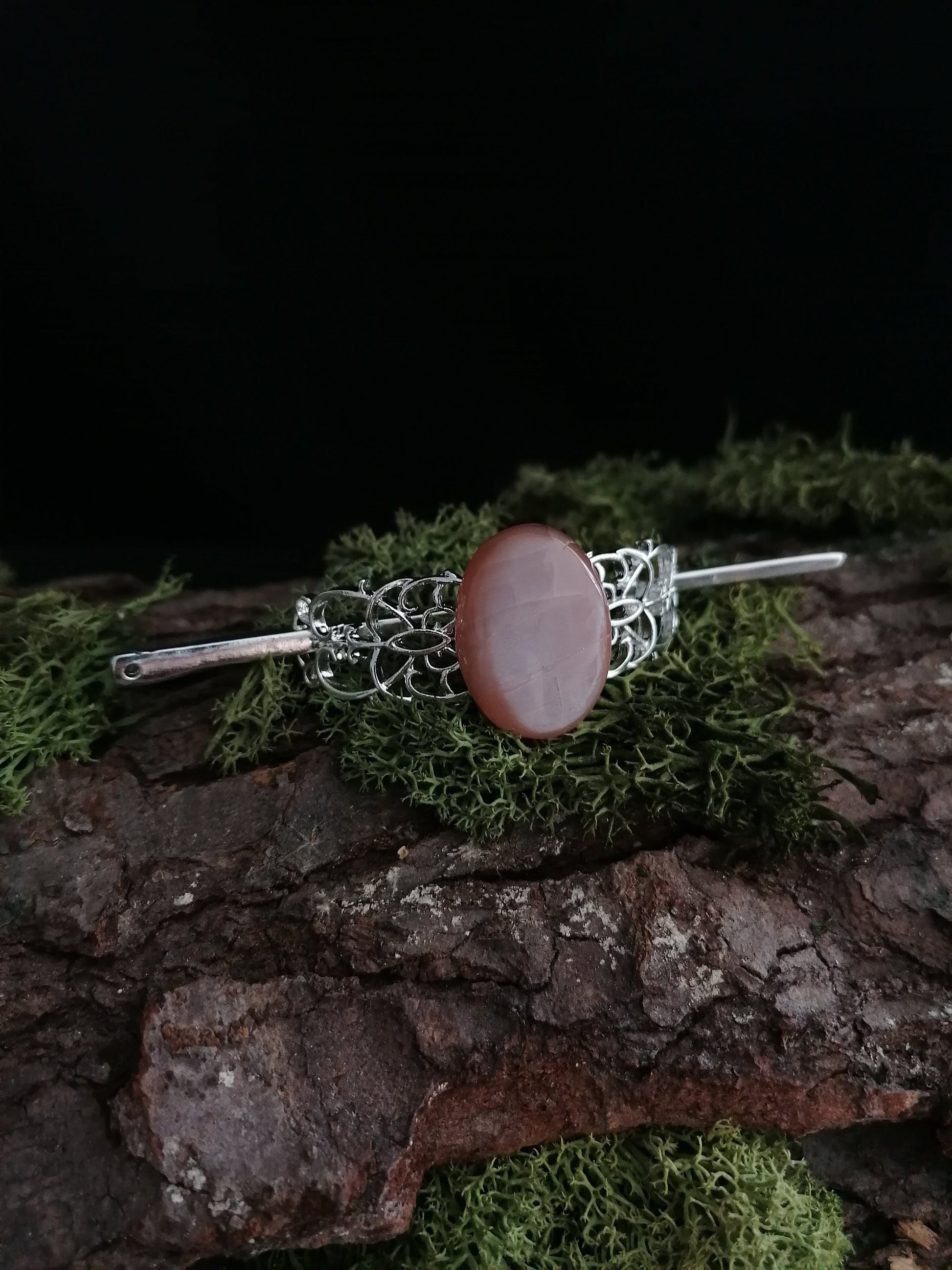 Haarspange mit Pfirsich Mondstein, Haarclip in silber, Elbisches Haar Accessoire