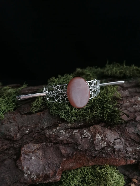 Haarspange mit Pfirsich Mondstein, Haarclip in silber, Elbisches Haar Accessoire