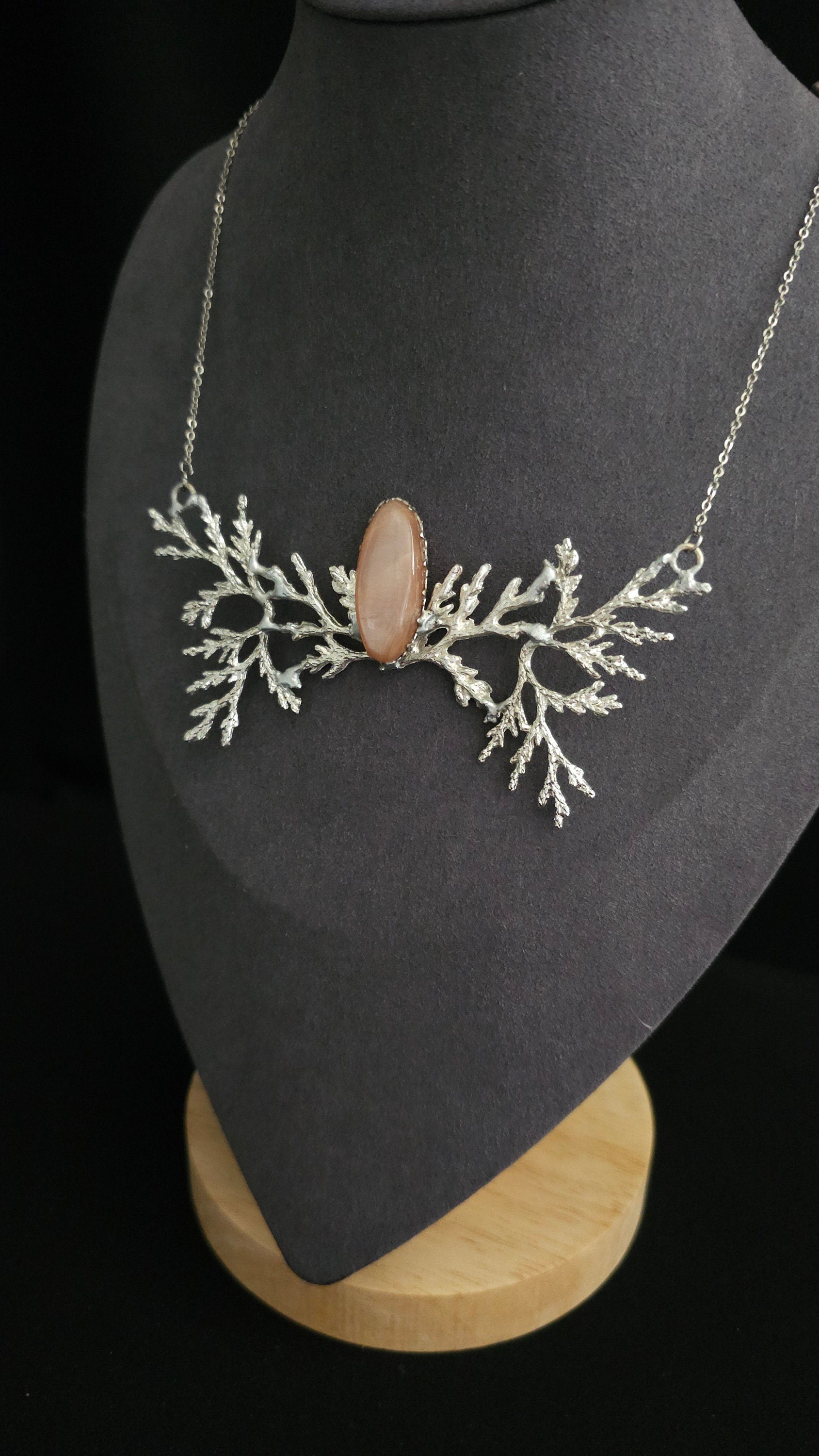 Branch Necklace with Peach Moonstone, Elvish Collier, Handmade Choker, Silver Fantasy Necklace