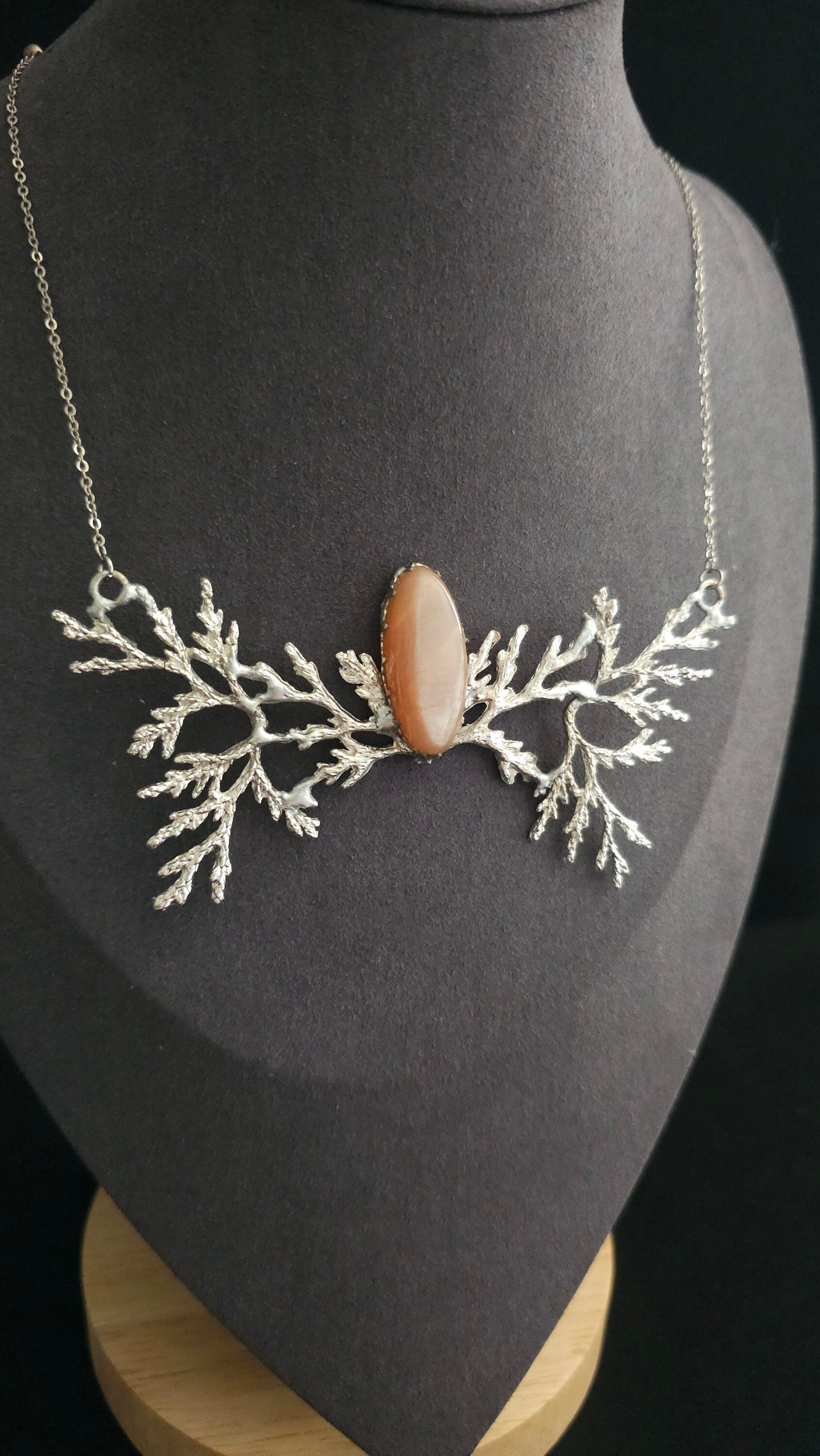 Branch Necklace with Peach Moonstone, Elvish Collier, Handmade Choker, Silver Fantasy Necklace