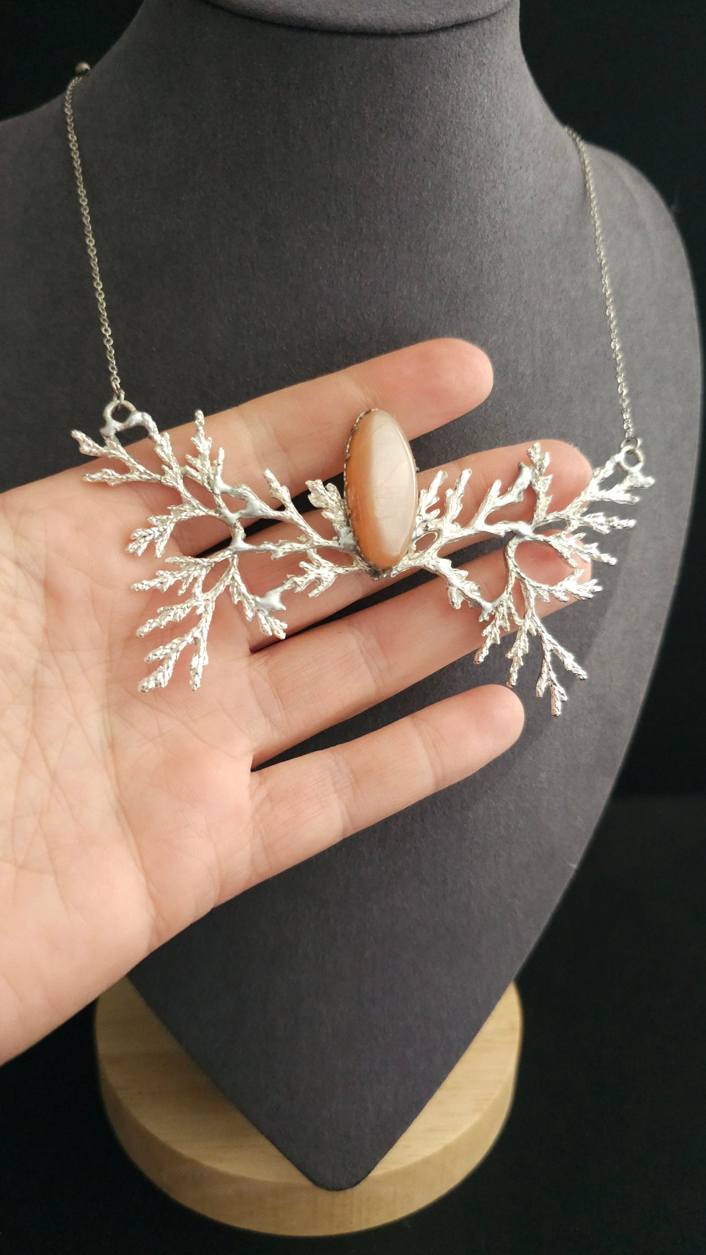 Branch Necklace with Peach Moonstone, Elvish Collier, Handmade Choker, Silver Fantasy Necklace