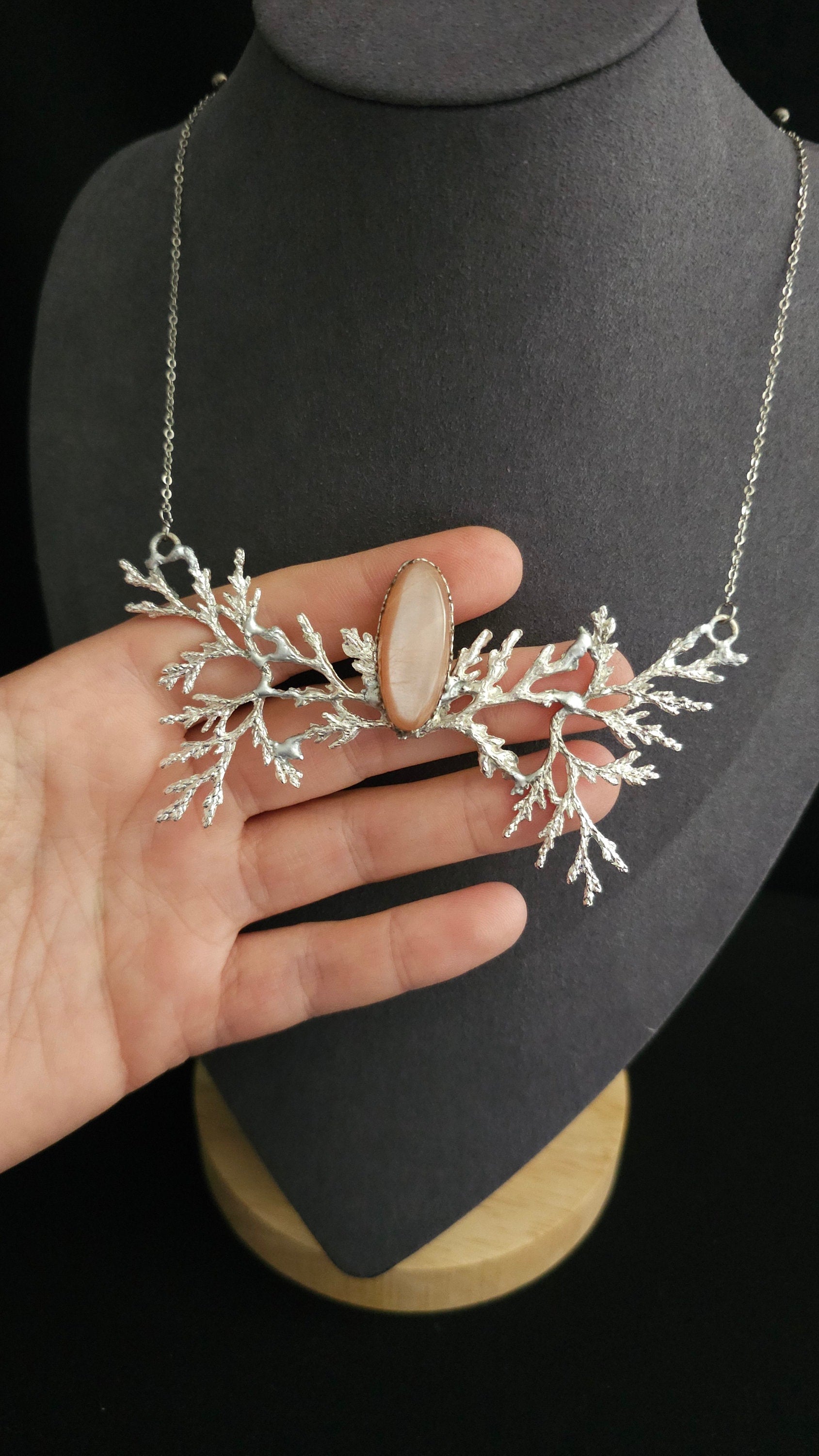 Branch Necklace with Peach Moonstone, Elvish Collier, Handmade Choker, Silver Fantasy Necklace