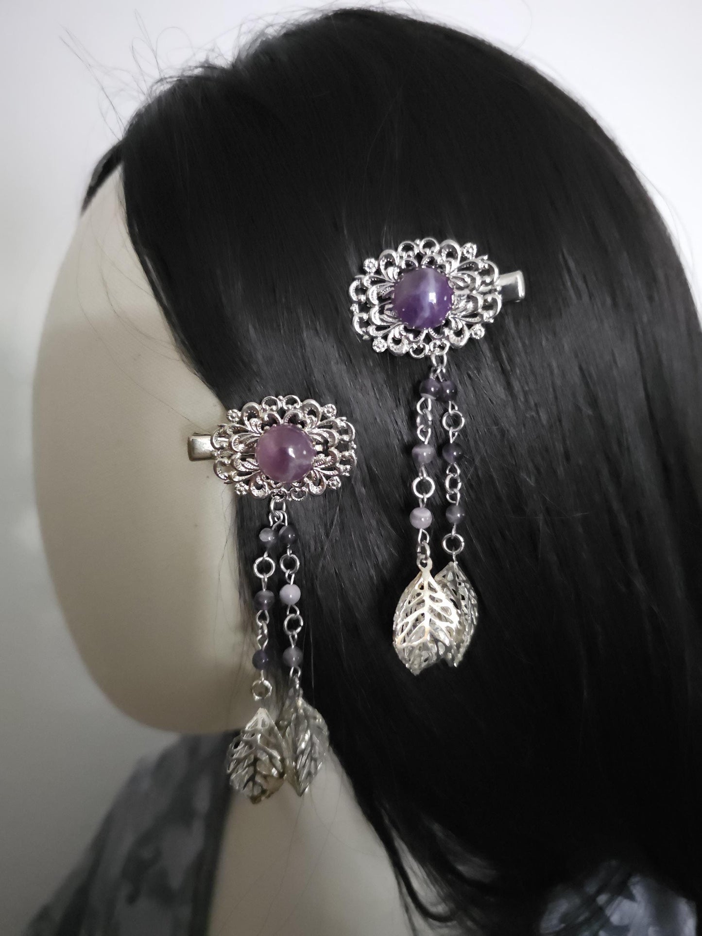 Haarclips mit Amethysten (2 Designs), fantasievolle Haarspangen, Vintage Spangen, Haar-Accessoire, Gothic, Wicca, Renaissance Faire