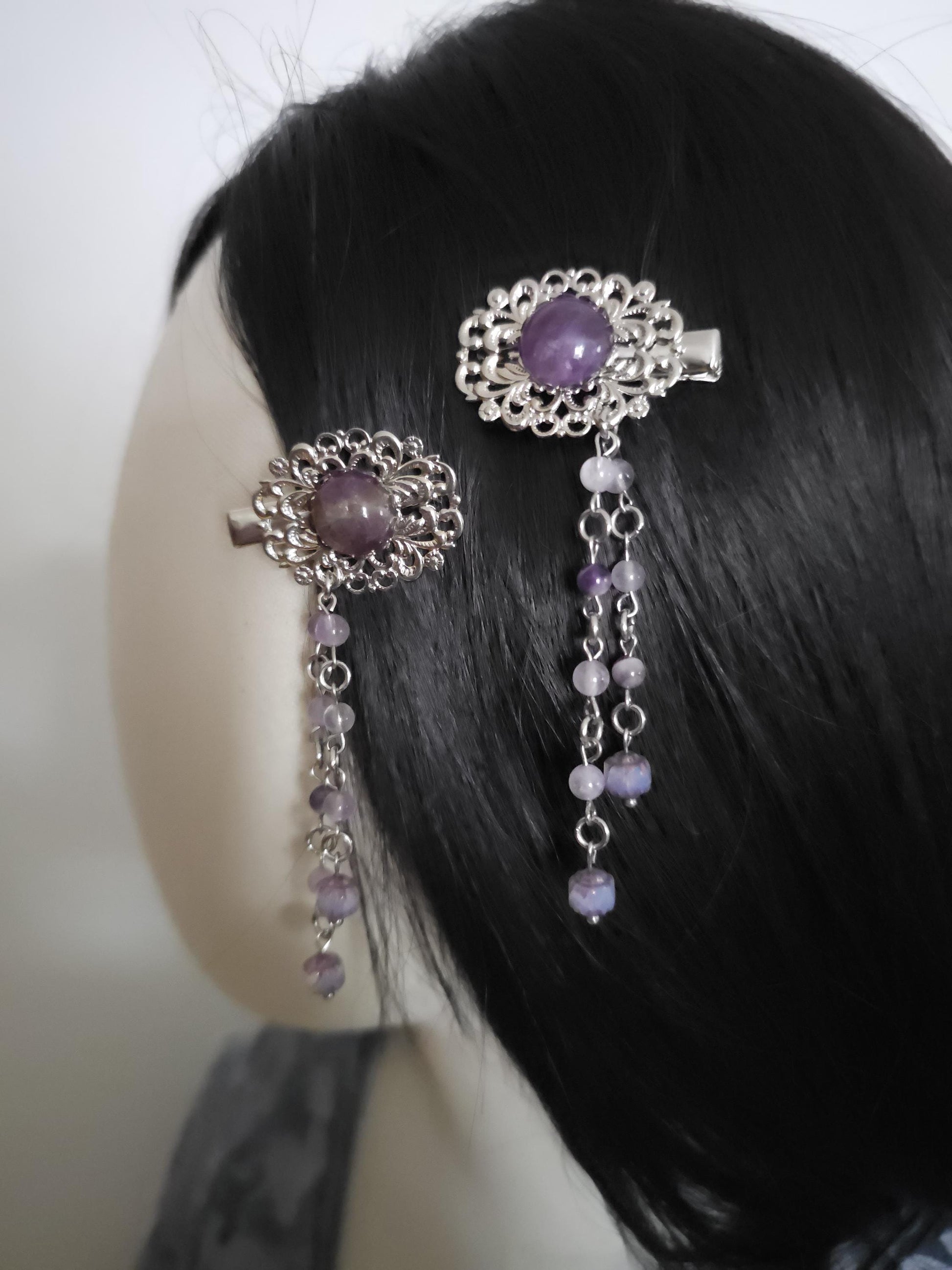 Haarclips mit Amethysten (2 Designs), fantasievolle Haarspangen, Vintage Spangen, Haar-Accessoire, Gothic, Wicca, Renaissance Faire
