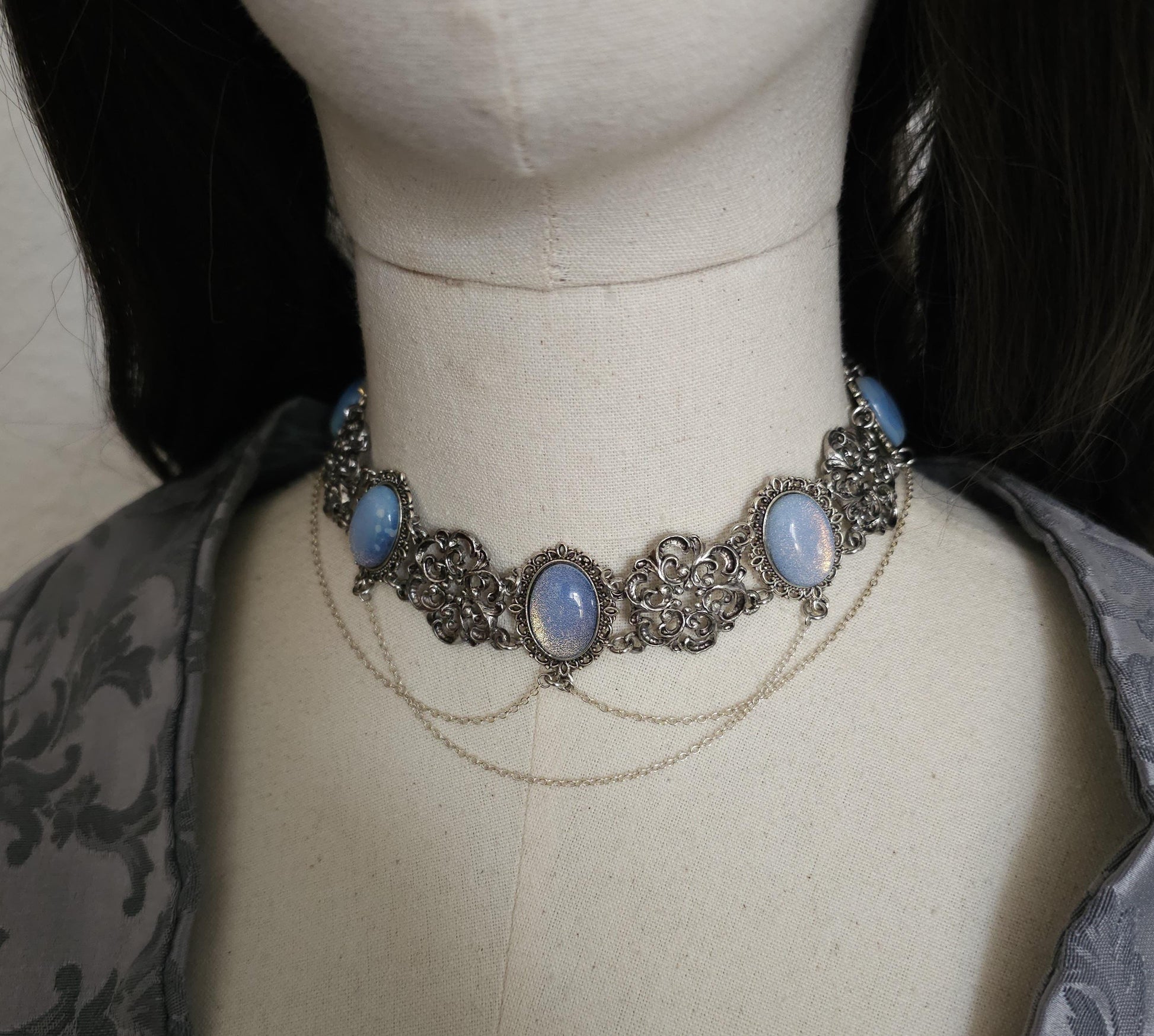 Opalith Choker Silber • Gothic Boho Halskette • Verstellbarer Halsschmuck • 925 Silber Kette • Fantasy Schmuck • Glas Opal •Geschenk für sie