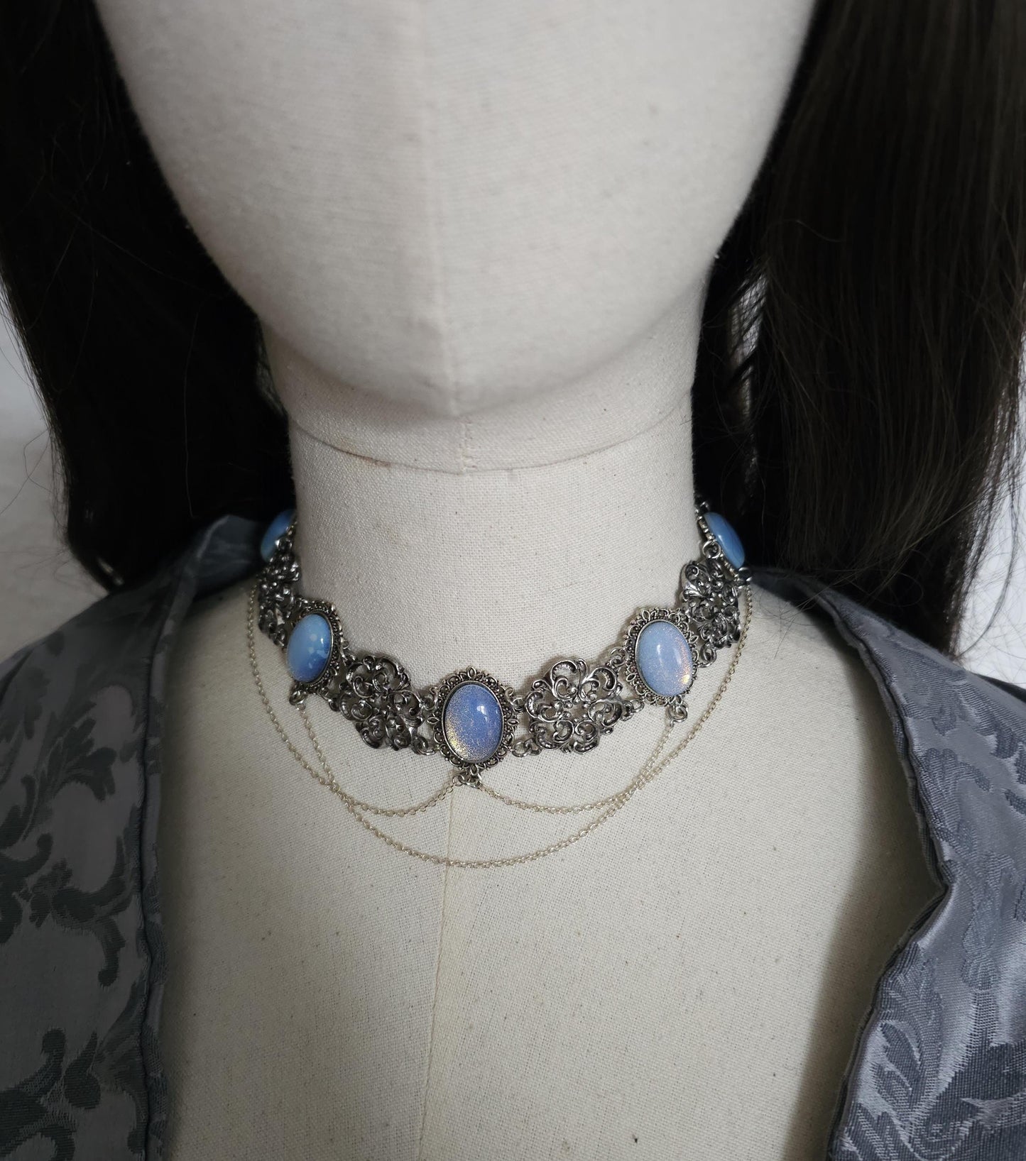 Opalith Choker Silber • Gothic Boho Halskette • Verstellbarer Halsschmuck • 925 Silber Kette • Fantasy Schmuck • Glas Opal •Geschenk für sie