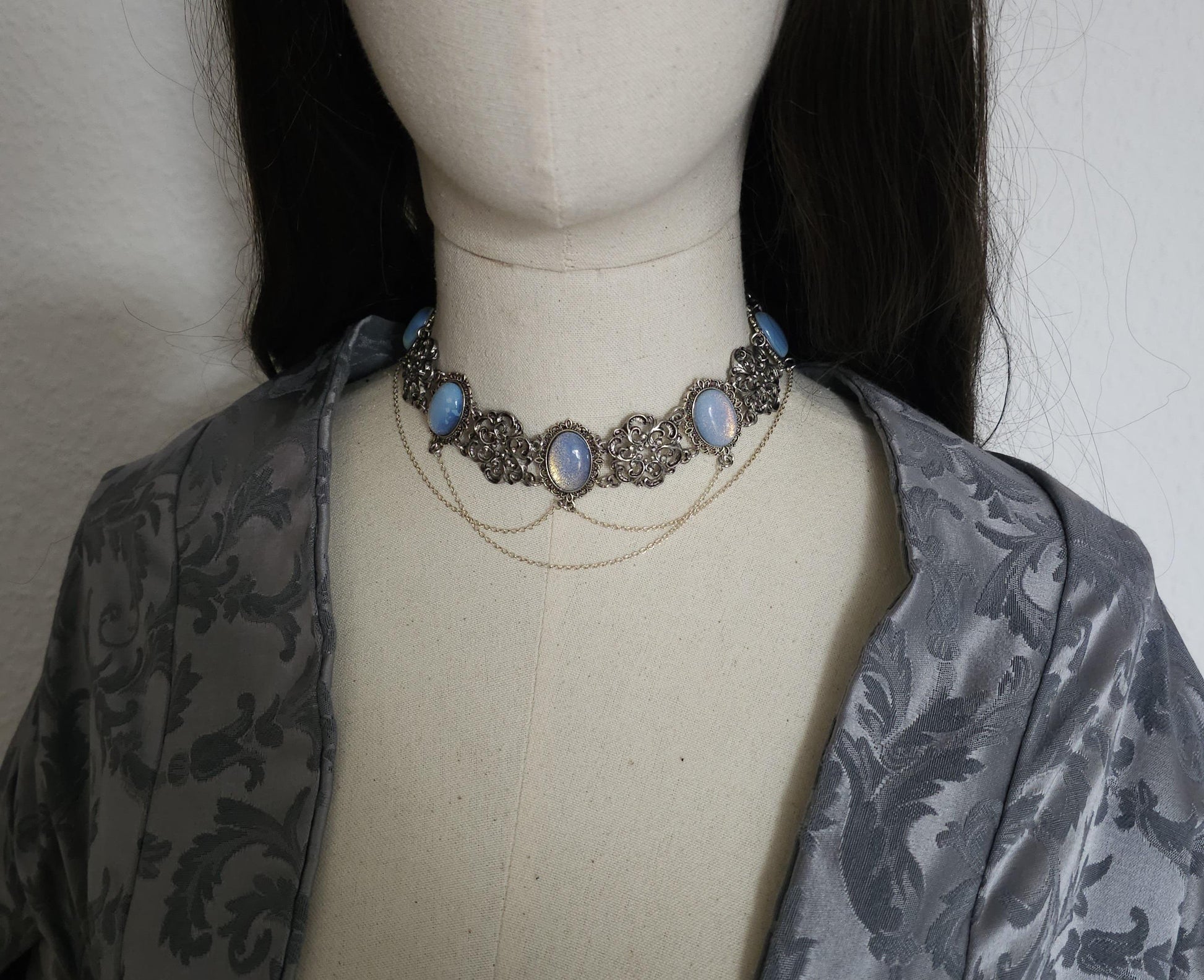Opalith Choker Silber • Gothic Boho Halskette • Verstellbarer Halsschmuck • 925 Silber Kette • Fantasy Schmuck • Glas Opal •Geschenk für sie