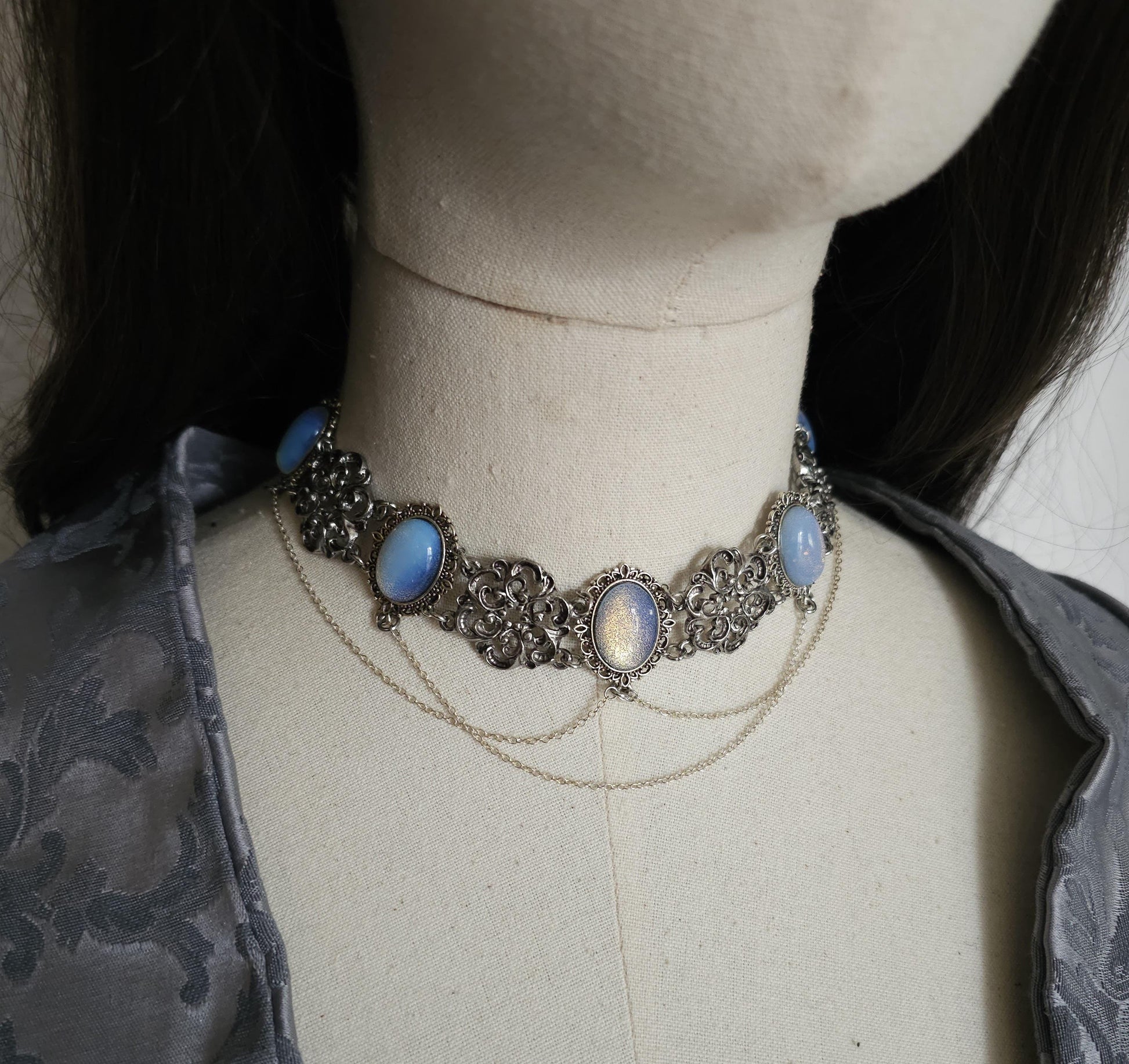 Opalith Choker Silber • Gothic Boho Halskette • Verstellbarer Halsschmuck • 925 Silber Kette • Fantasy Schmuck • Glas Opal •Geschenk für sie
