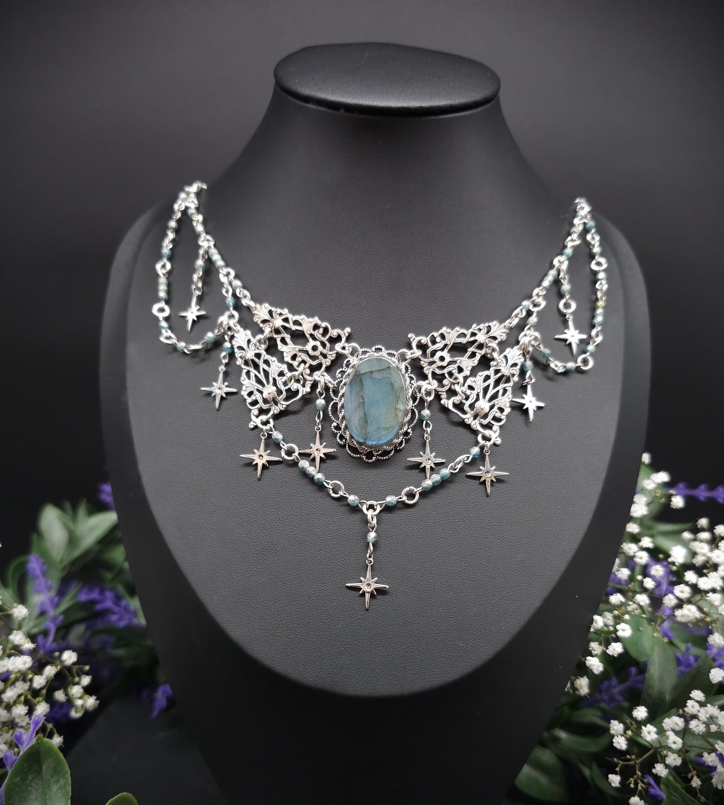 Art Nouveau Collier mit türkisblauem Labradorit - Fantasy Halskette - Braut / Hochzeits-Schmuck
