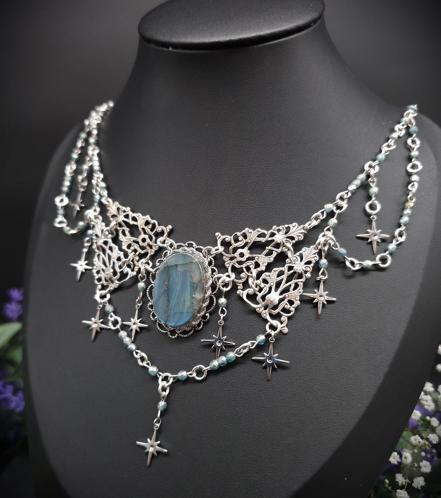 Art Nouveau Collier mit türkisblauem Labradorit - Fantasy Halskette - Braut / Hochzeits-Schmuck