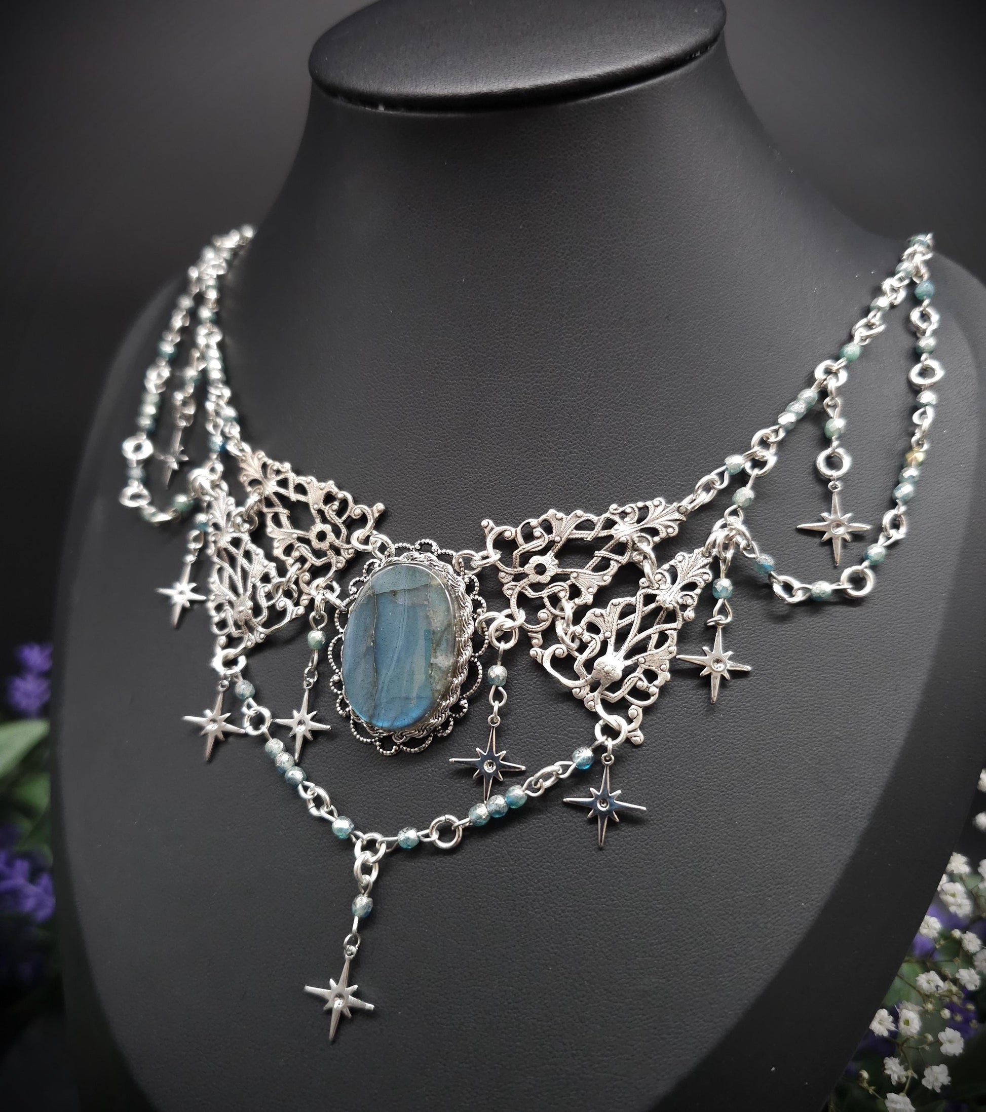 Art Nouveau Collier mit türkisblauem Labradorit - Fantasy Halskette - Braut / Hochzeits-Schmuck