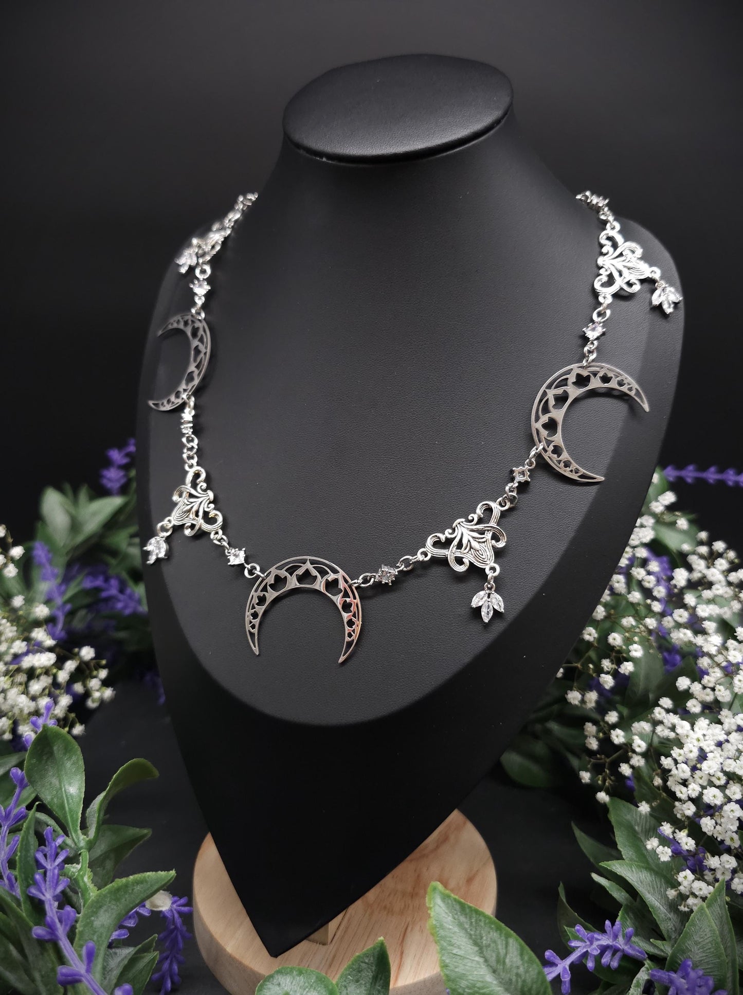 Edelstahl Mond Collier mit Zirkonia – Größenverstellbare Jugendstil Halskette, Fantasy & mystischer Schmuck