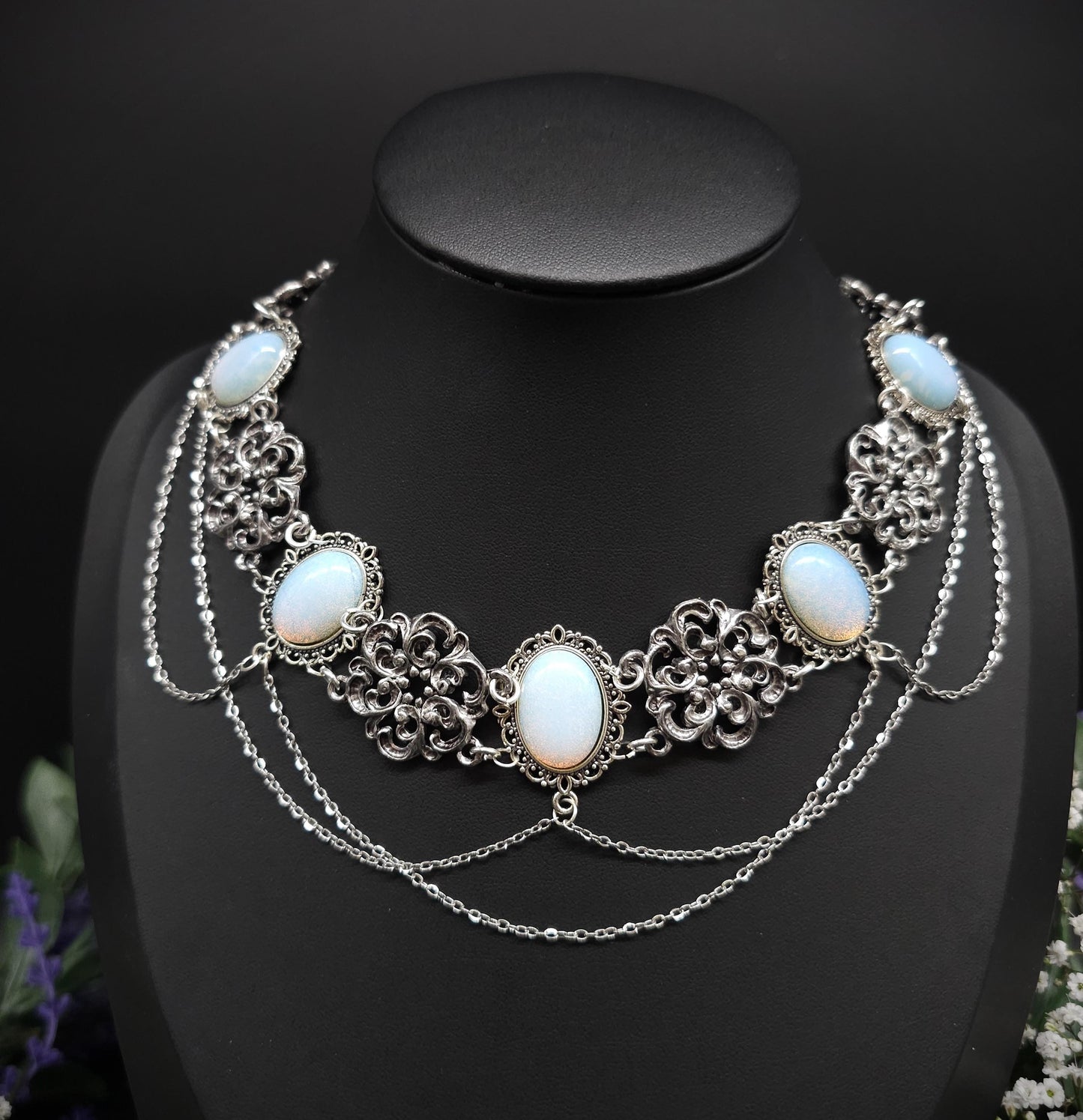 Opalith Choker Silber • Gothic Halskette • Größenverstellbarer Schmuck • 925 Silber Kette • Fantasy Schmuck • Brautschmuck