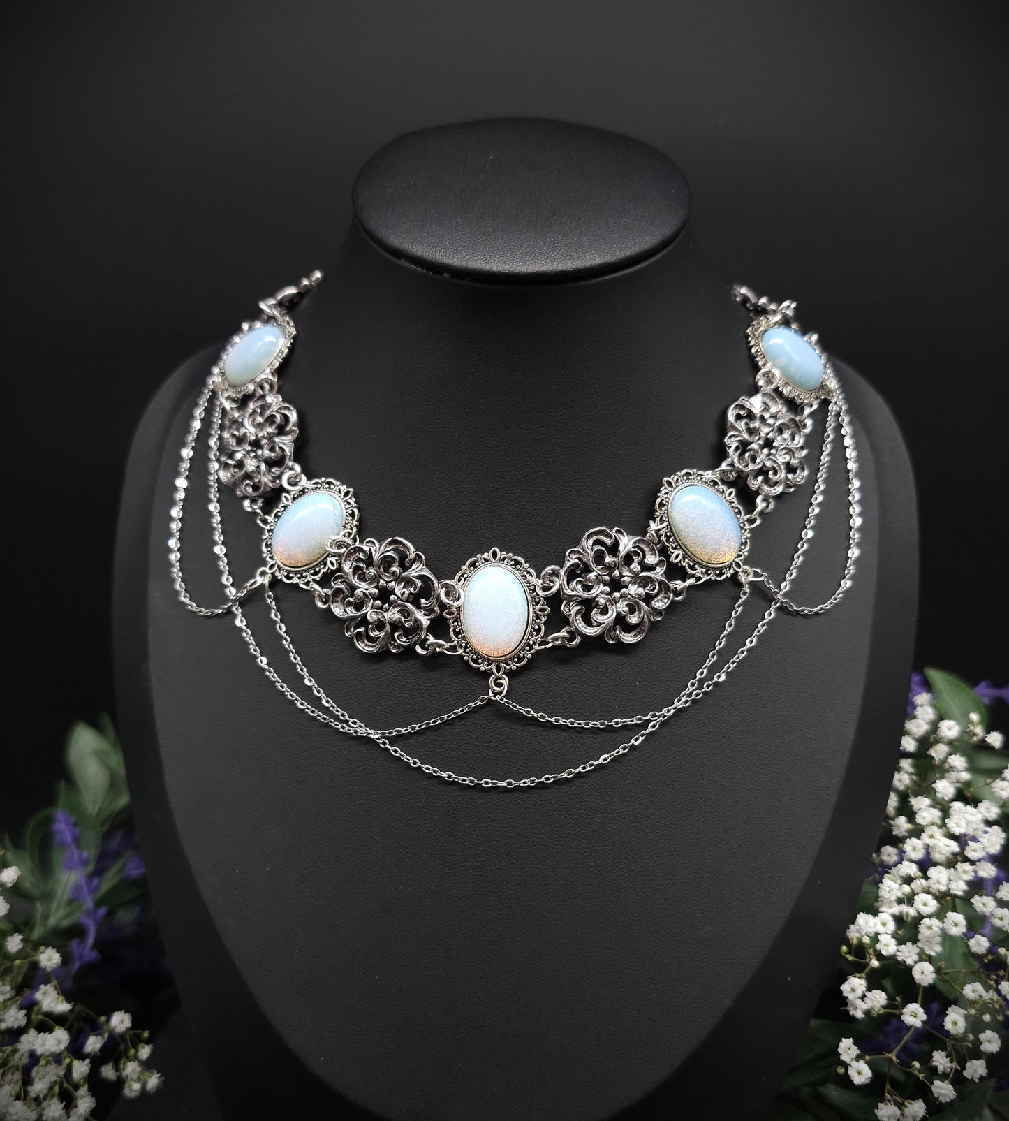Opalith Choker Silber • Gothic Halskette • Größenverstellbarer Schmuck • 925 Silber Kette • Fantasy Schmuck • Brautschmuck