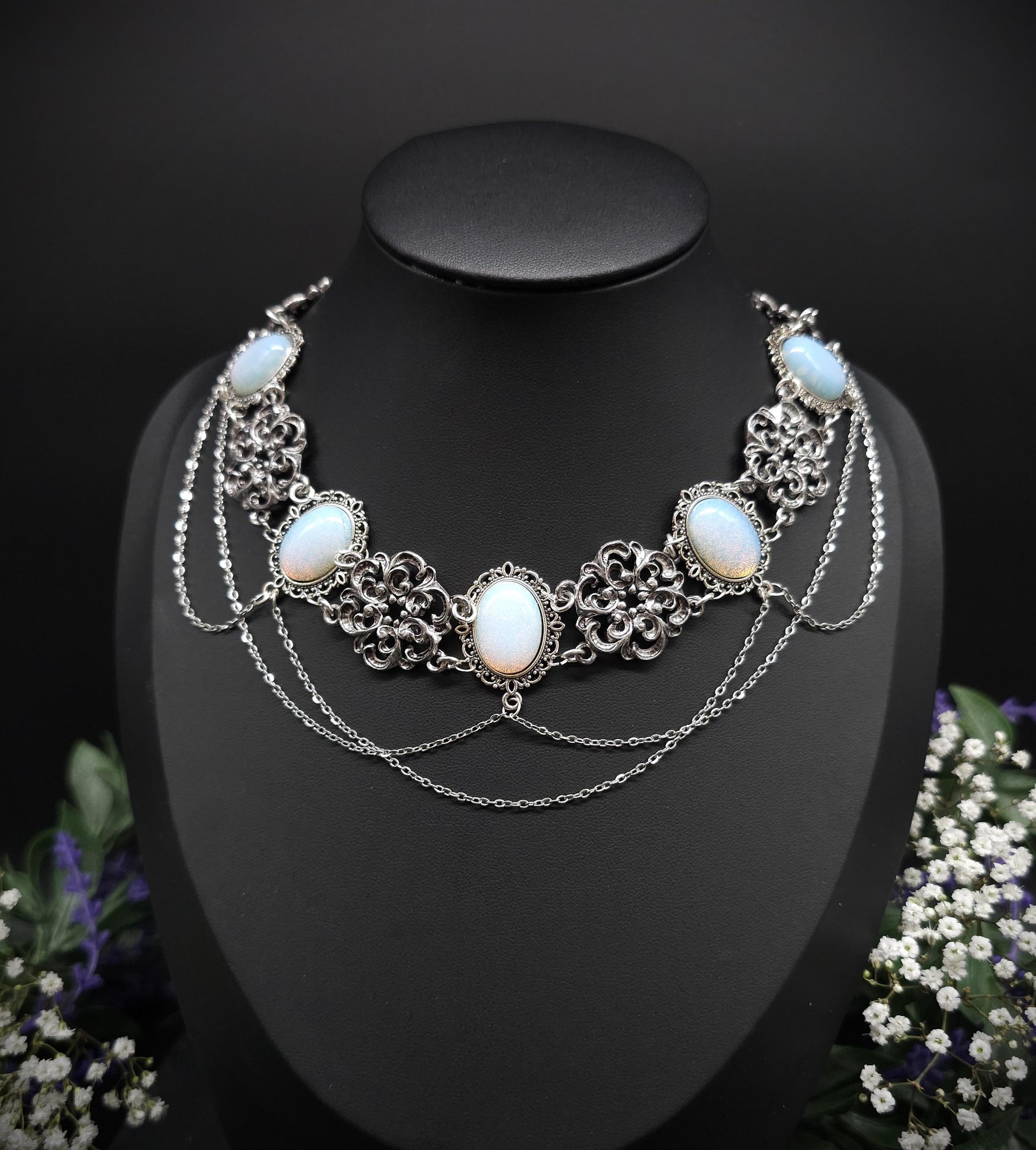 Opalith Choker Silber • Gothic Halskette • Größenverstellbarer Schmuck • 925 Silber Kette • Fantasy Schmuck • Brautschmuck