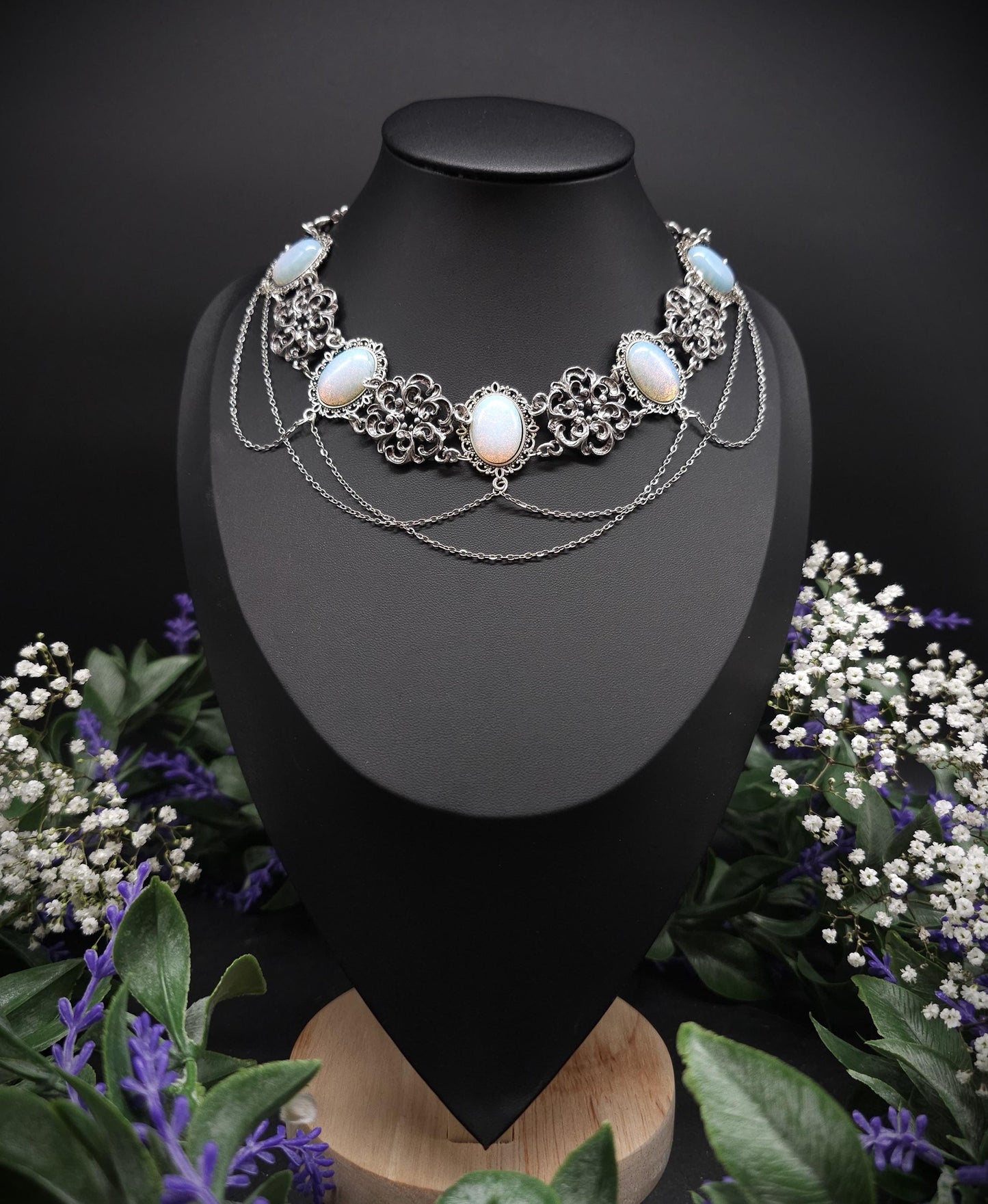 Opalith Choker Silber • Gothic Halskette • Größenverstellbarer Schmuck • 925 Silber Kette • Fantasy Schmuck • Brautschmuck
