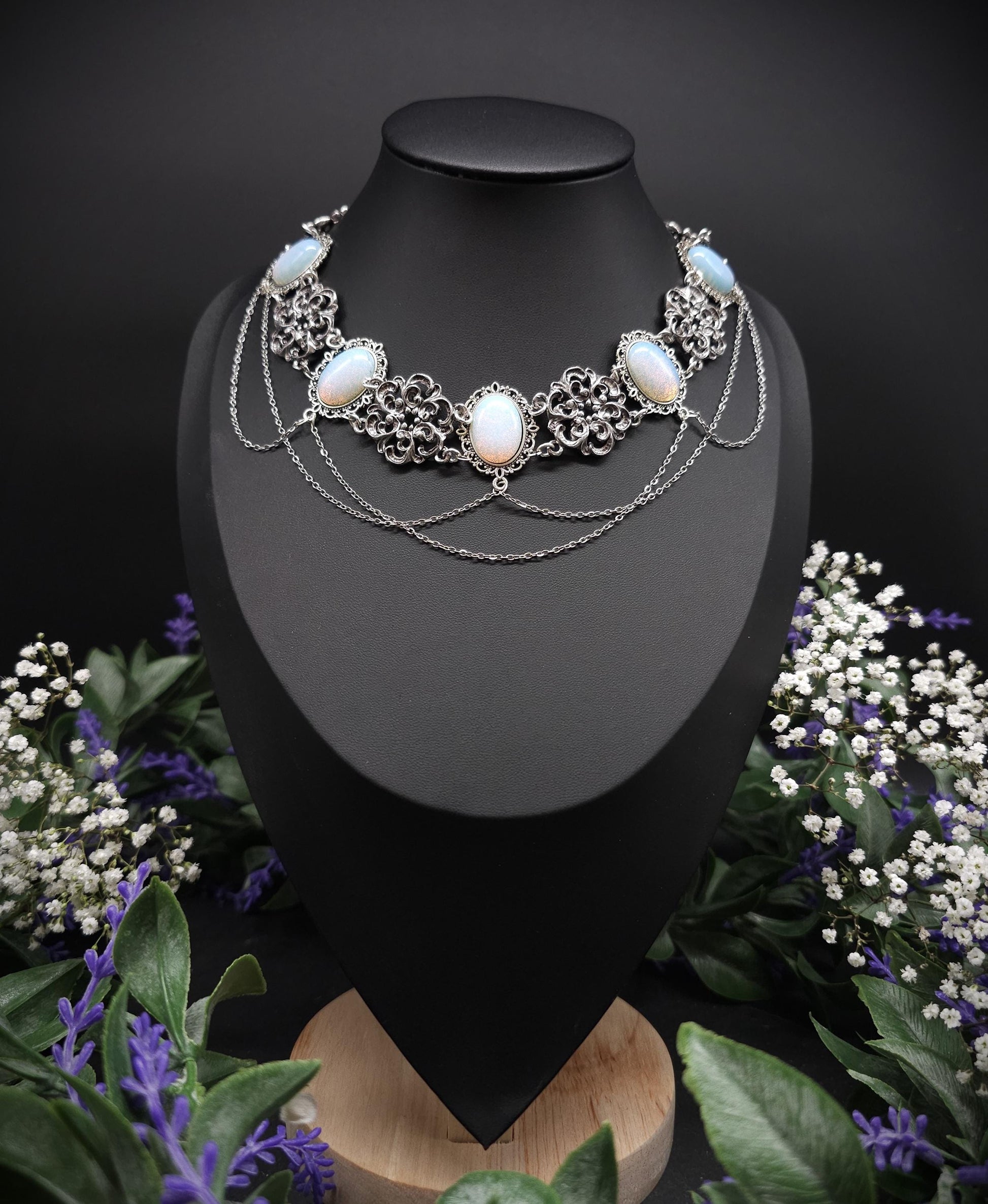 Opalith Choker Silber • Gothic Halskette • Größenverstellbarer Schmuck • 925 Silber Kette • Fantasy Schmuck • Brautschmuck