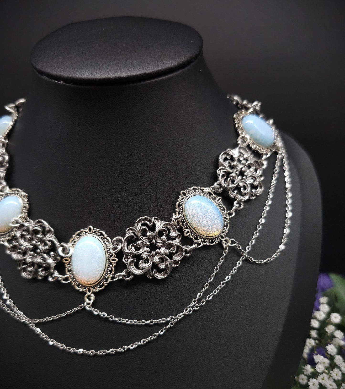 Opalith Choker Silber • Gothic Halskette • Größenverstellbarer Schmuck • 925 Silber Kette • Fantasy Schmuck • Brautschmuck