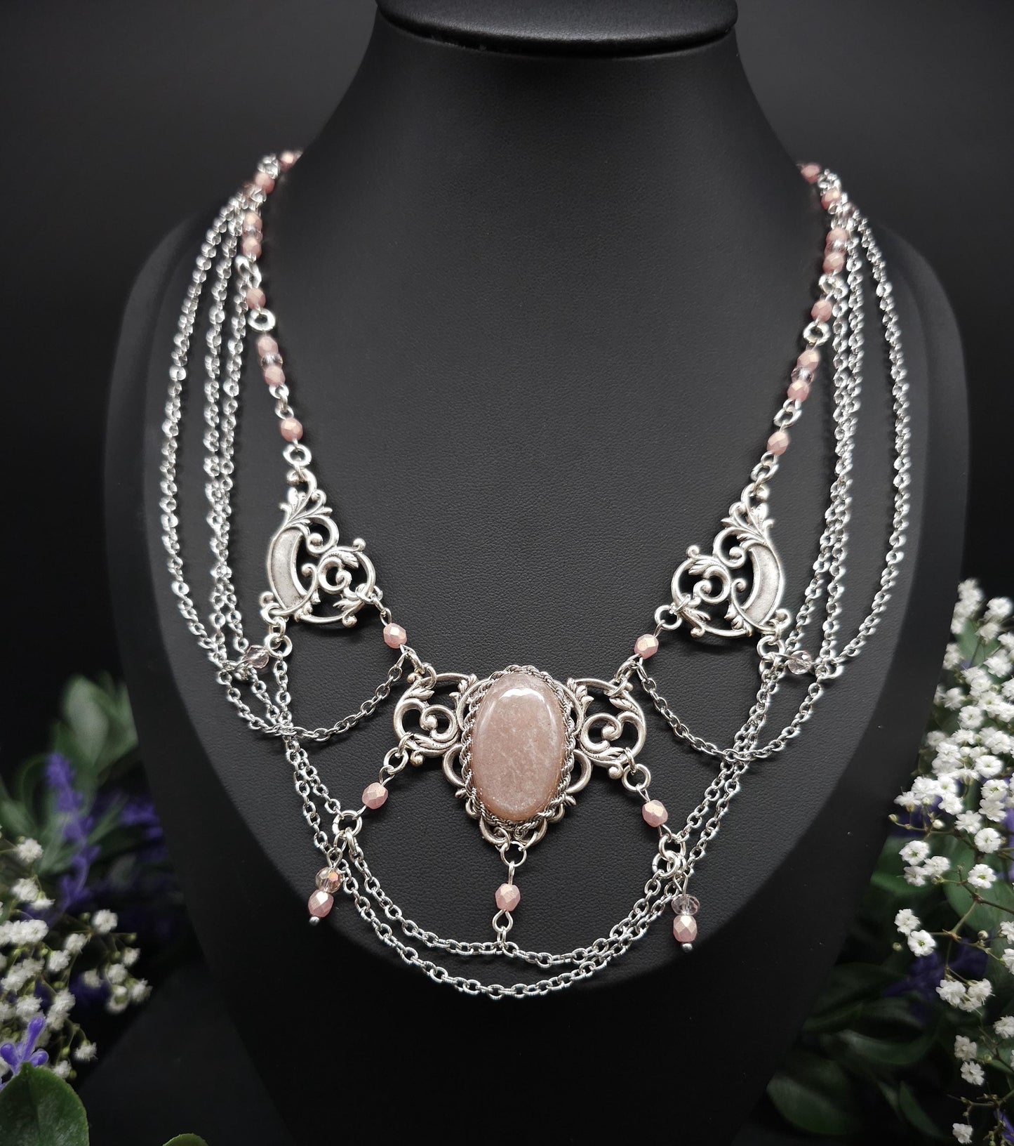 Pfirsich Mondstein Collier - tschechische facettierte Perlen – Art Nouveau Halskette, Größenverstellbarer Jugendstil Schmuck