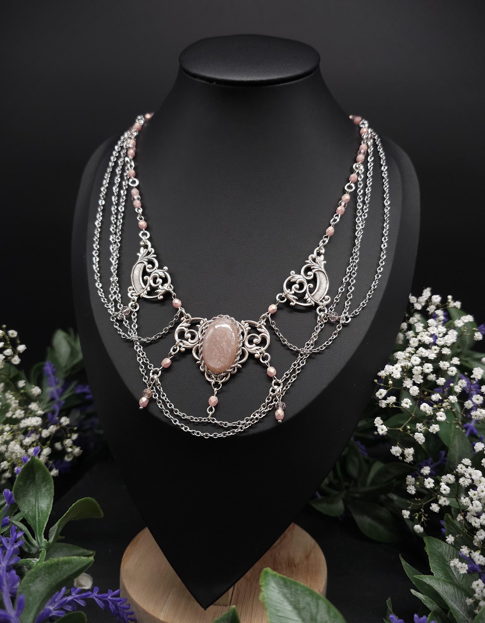 Pfirsich Mondstein Collier - tschechische facettierte Perlen – Art Nouveau Halskette, Größenverstellbarer Jugendstil Schmuck