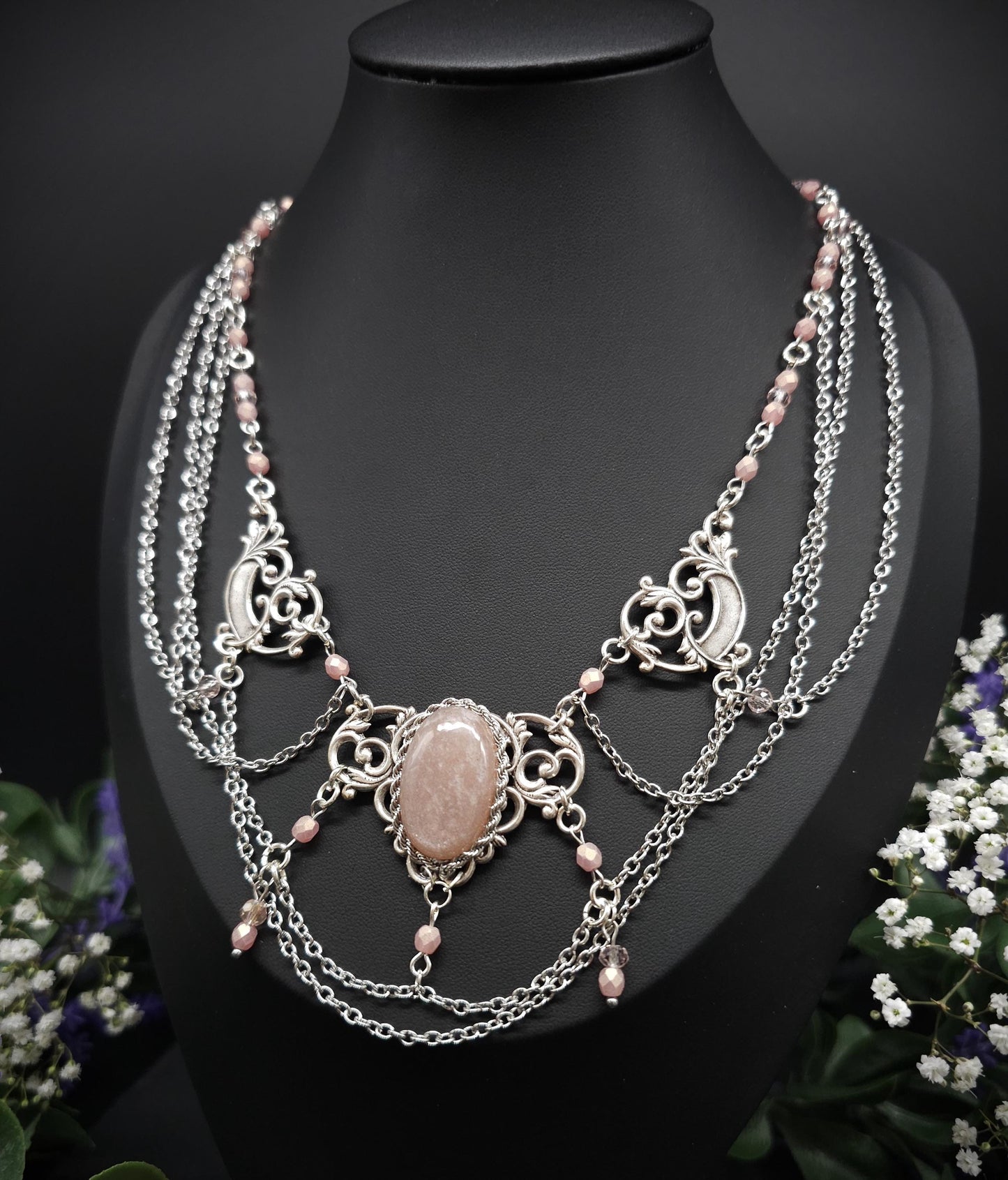 Pfirsich Mondstein Collier - tschechische facettierte Perlen – Art Nouveau Halskette, Größenverstellbarer Jugendstil Schmuck