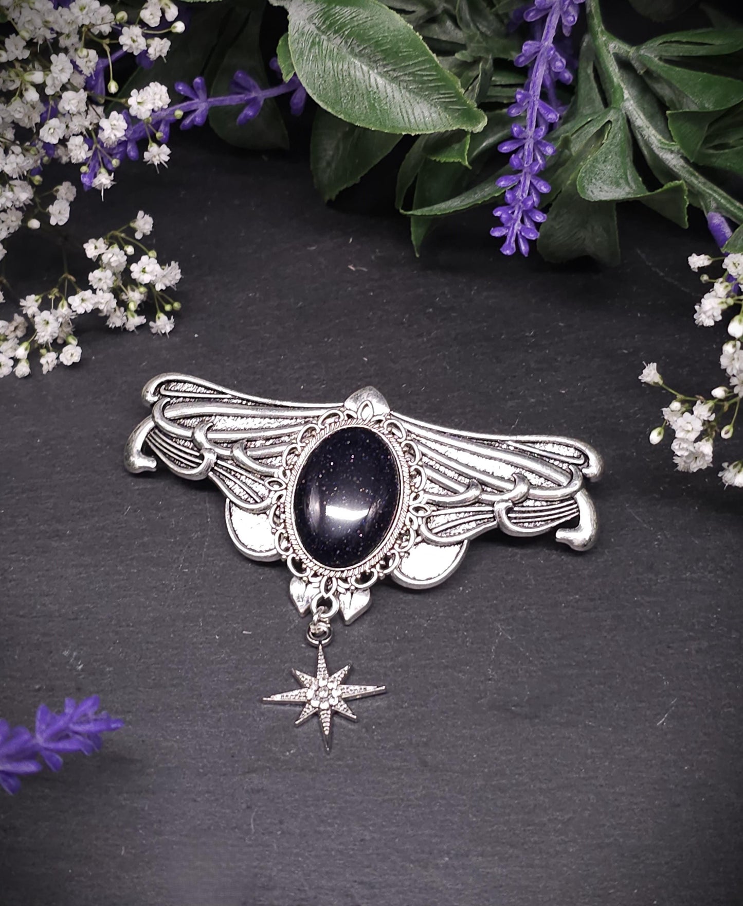 Silberne Jugendstil Haarspange mit Blaufluss Cabochon - Sternanhänger – Schmetterlings Vintage Design