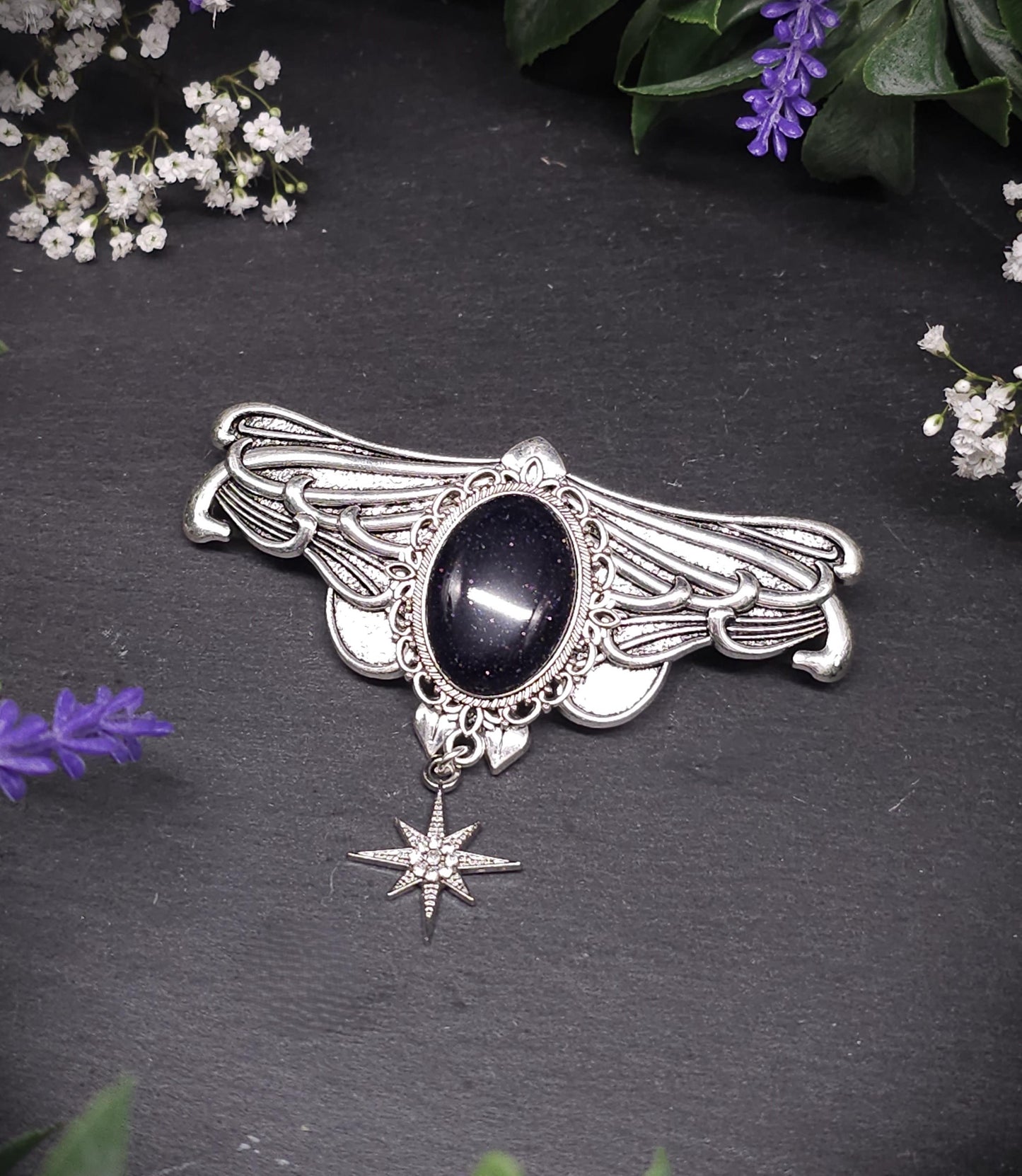 Silberne Jugendstil Haarspange mit Blaufluss Cabochon - Sternanhänger – Schmetterlings Vintage Design