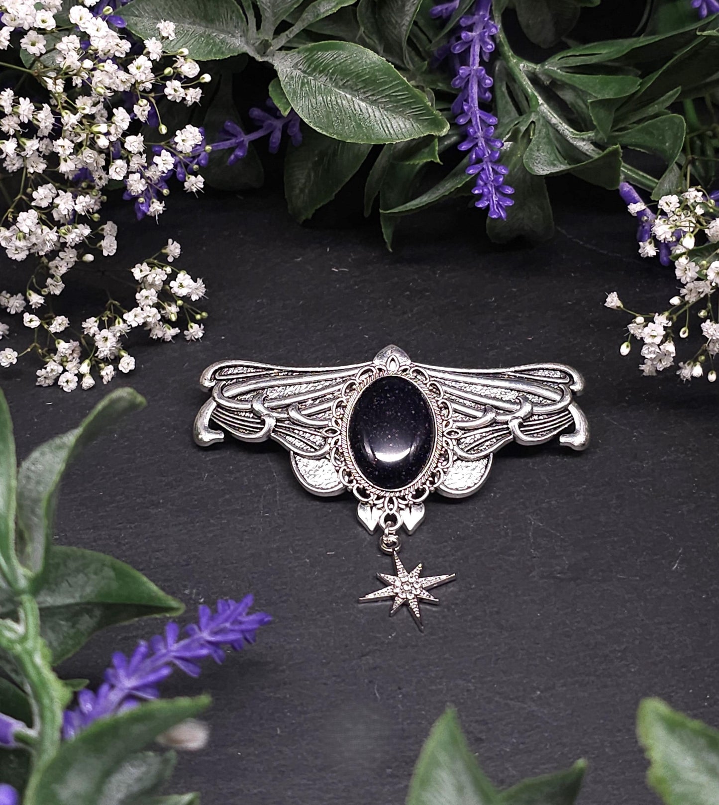 Silberne Jugendstil Haarspange mit Blaufluss Cabochon - Sternanhänger – Schmetterlings Vintage Design