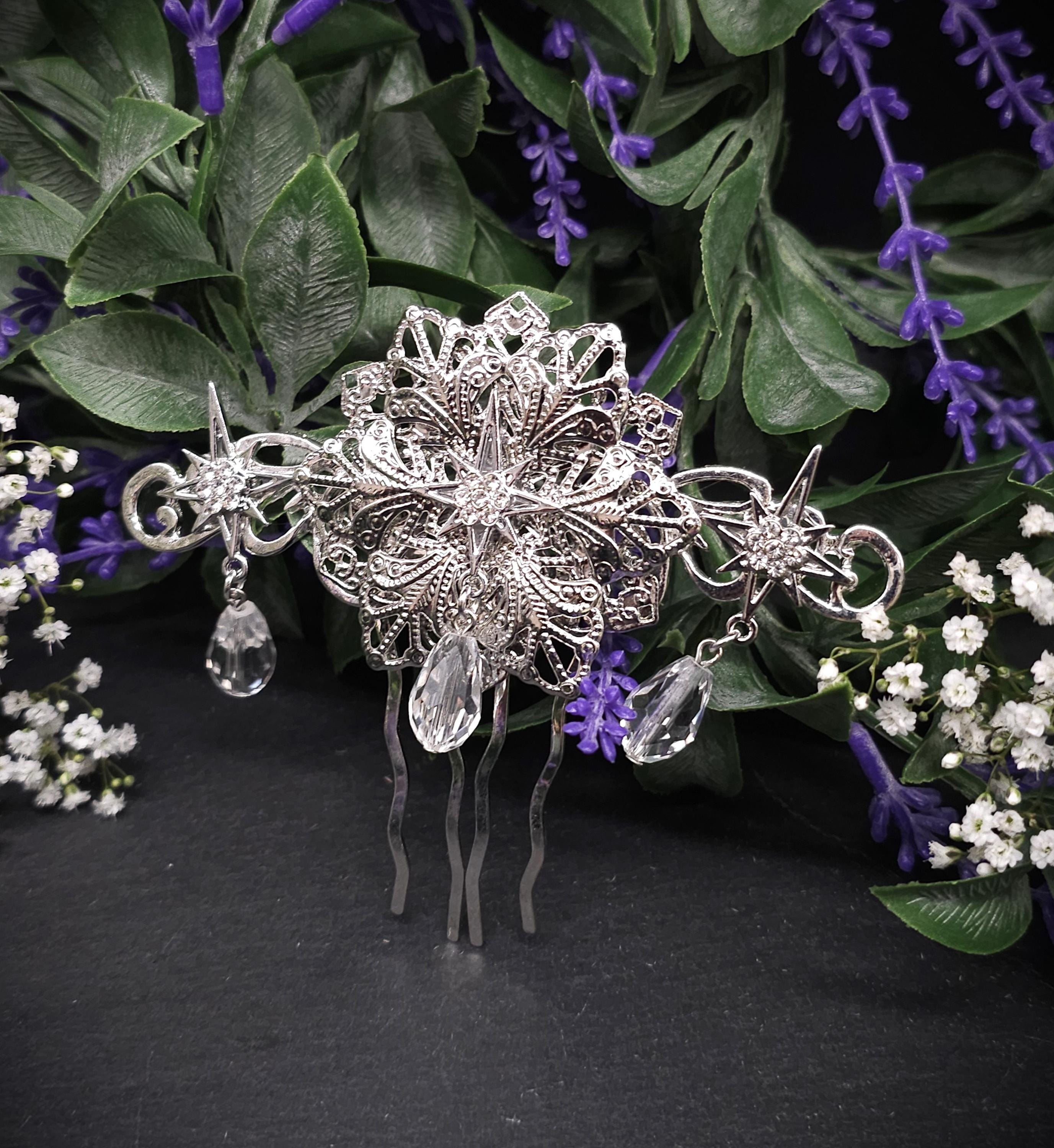 Silberner Braut-Haarkamm - mit Sternen und Kristalltropfen –Hochzeits-Haarschmuck - Fantasy Accessoire