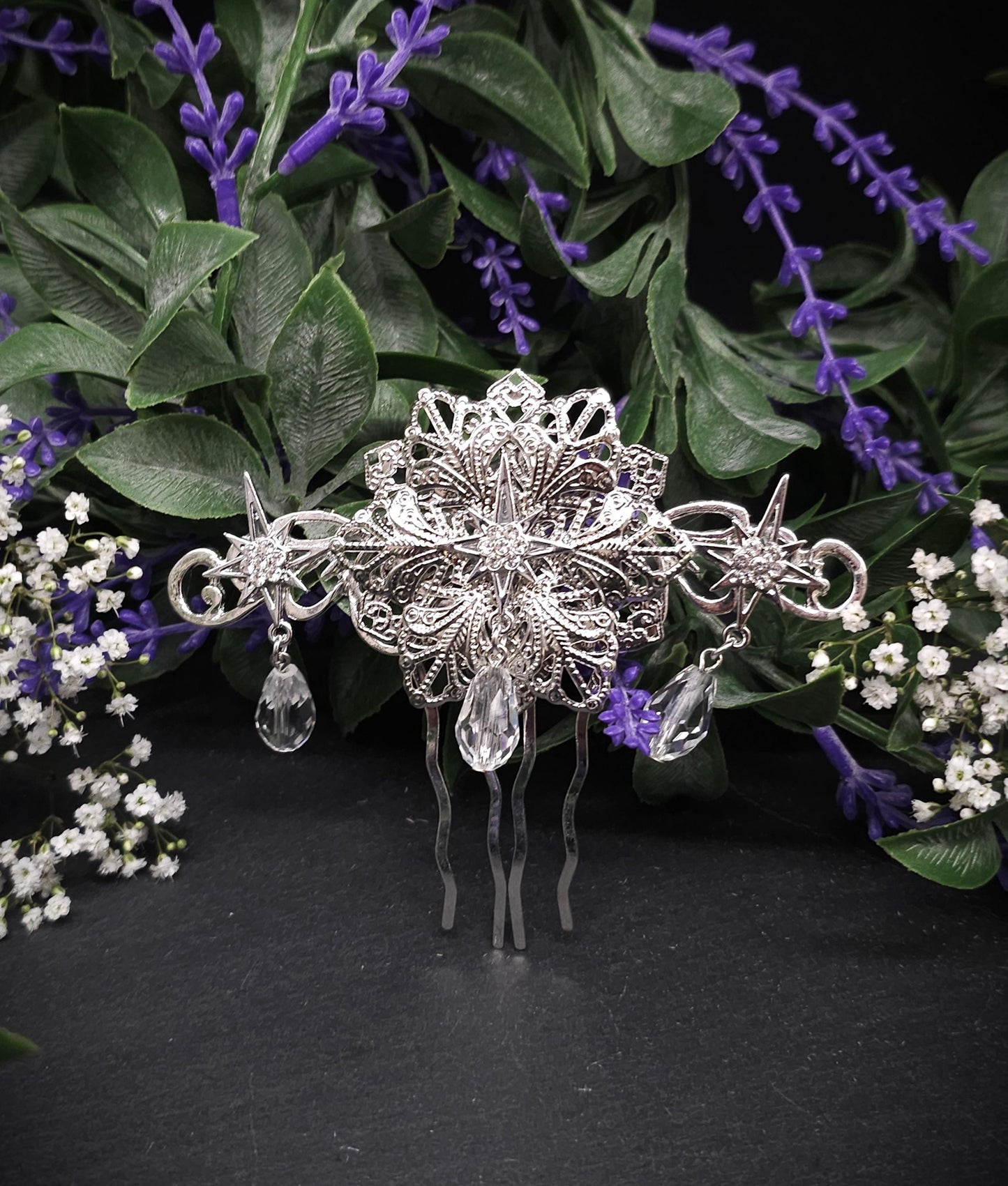 Silberner Braut-Haarkamm - mit Sternen und Kristalltropfen –Hochzeits-Haarschmuck - Fantasy Accessoire