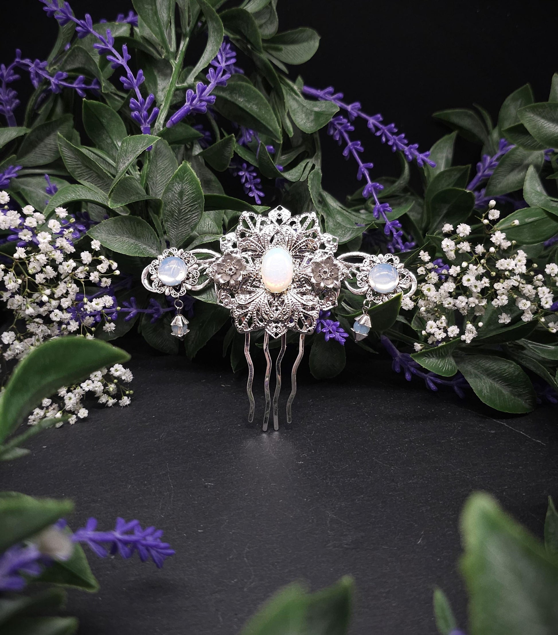 Jugendstil Haarkamm mit Opalith – Silberfarbener Braut Haarschmuck im Elfenstil - Fantasy Hochzeit Accessoire