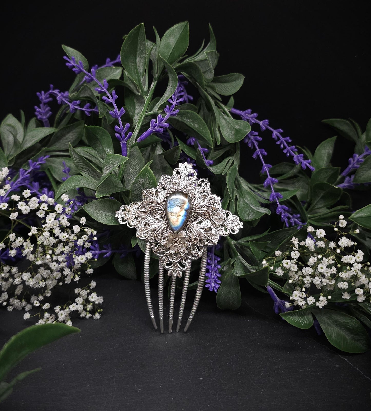 Haarkamm mit Labradorit Cabochon ~ für Brautfrisur, Mittelalter, Fantasy, Hochzeiten ~ Haarspange ~ Einzigartiger Schmuck ~ Haarnadel ~