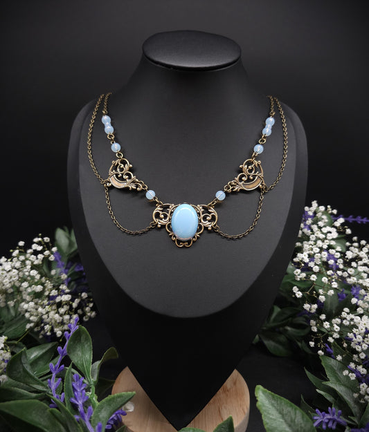 Art Nouveau Collier mit Opalith Cabochon & Perlen - Elfischer Jugendstil Schmuck - Größenverstellbare Halskette