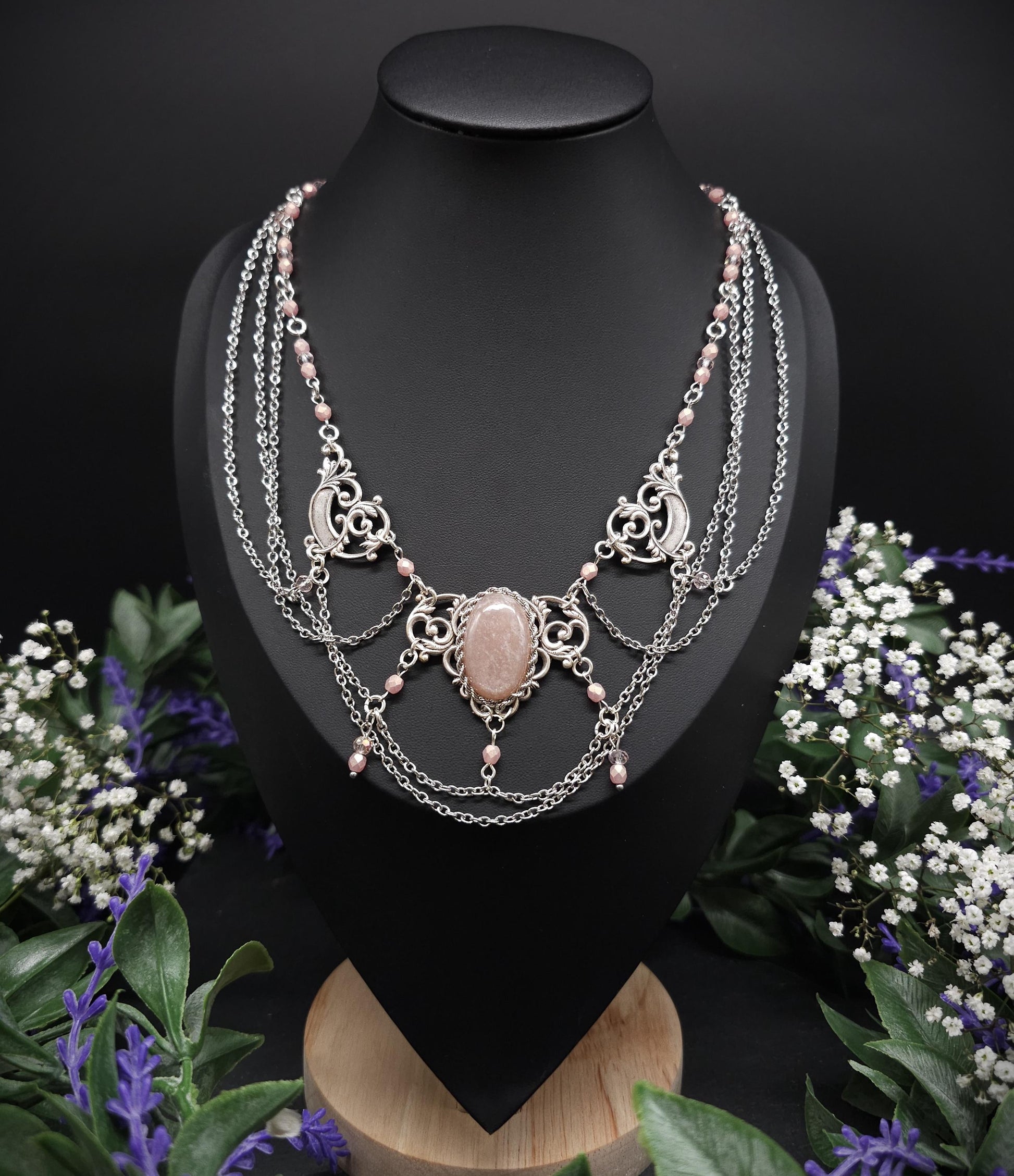 Pfirsich Mondstein Collier - tschechische facettierte Perlen – Art Nouveau Halskette, Größenverstellbarer Jugendstil Schmuck