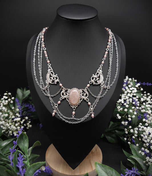 Pfirsich Mondstein Collier - tschechische facettierte Perlen – Art Nouveau Halskette, Größenverstellbarer Jugendstil Schmuck