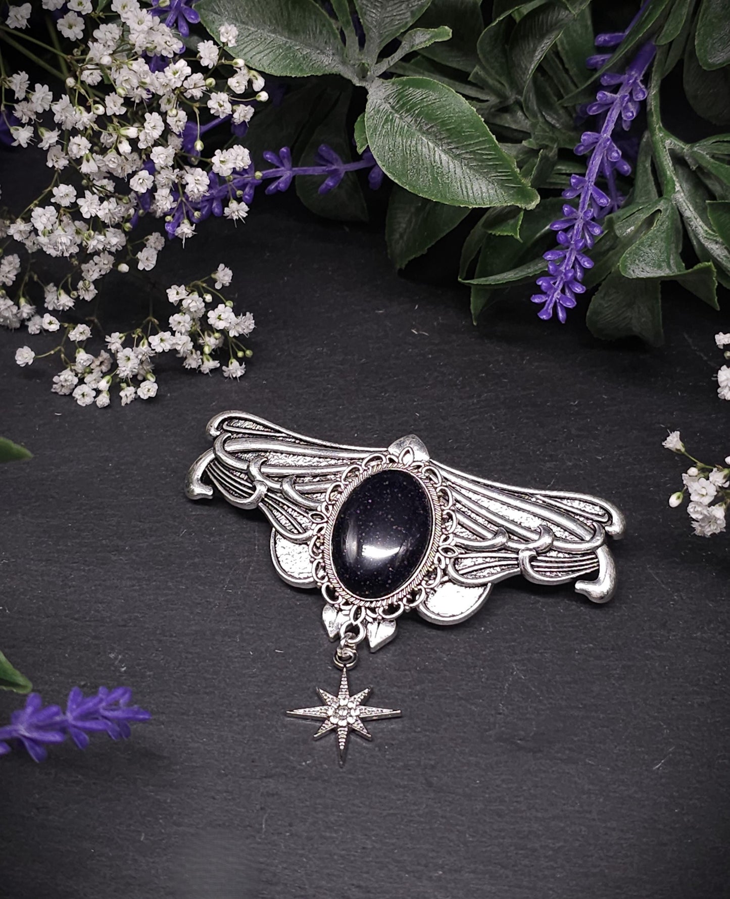 Silberne Jugendstil Haarspange mit Blaufluss Cabochon - Sternanhänger – Schmetterlings Vintage Design