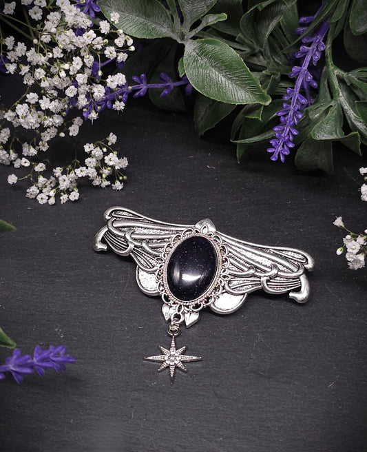 Silberne Jugendstil Haarspange mit Blaufluss Cabochon - Sternanhänger – Schmetterlings Vintage Design