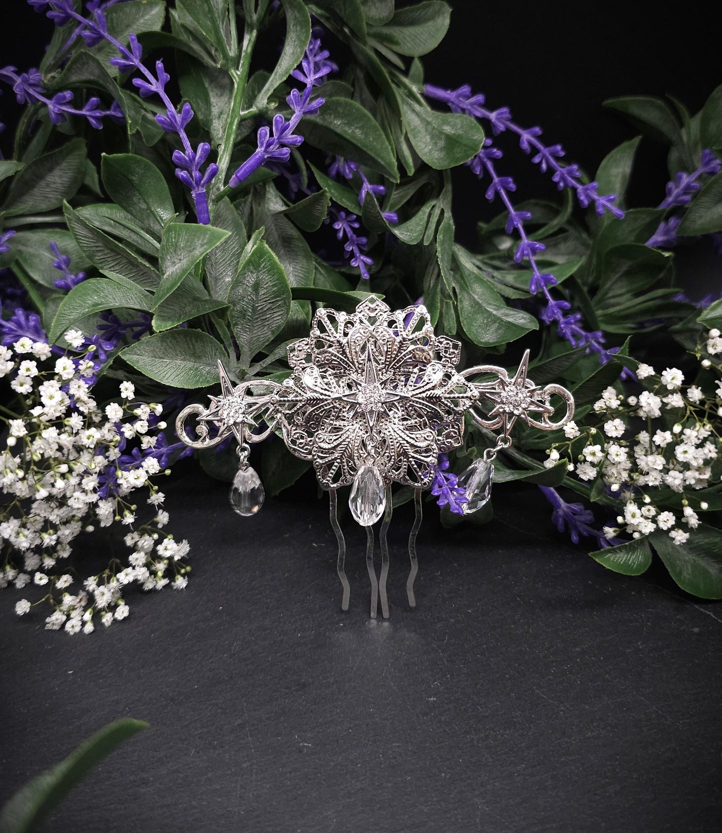 Silberner Braut-Haarkamm - mit Sternen und Kristalltropfen –Hochzeits-Haarschmuck - Fantasy Accessoire