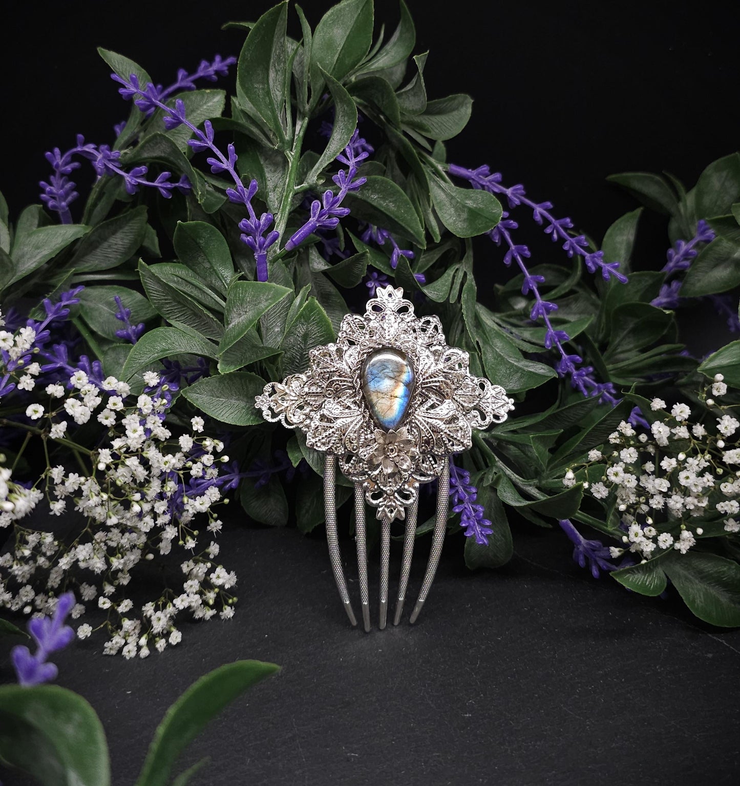 Haarkamm mit Labradorit Cabochon ~ für Brautfrisur, Mittelalter, Fantasy, Hochzeiten ~ Haarspange ~ Einzigartiger Schmuck ~ Haarnadel ~