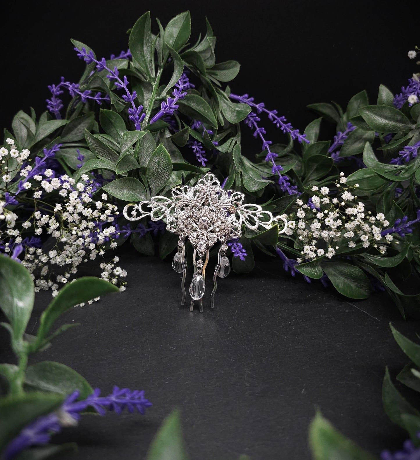 Silberner Haarkamm mit Strass-Elementen ~ Klare Glasperlen ~ Schmuck für Bräute, Hochzeiten, LARP, Gothic und Fantasy ~ Vintage Haarschmuck