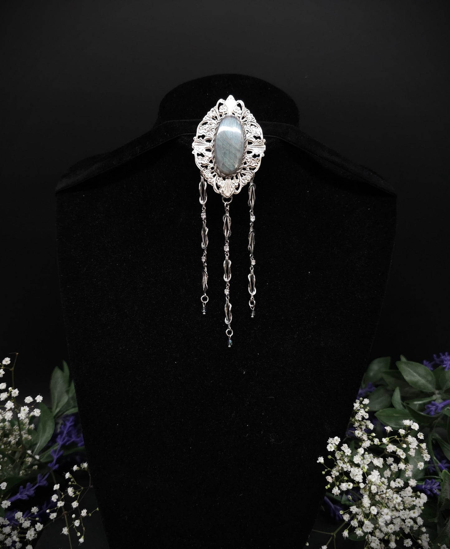 Jugendstil Brosche mit Labradorit ~ Zirkonia & Edelstahl-Ketten ~ Kostüm Accessoire